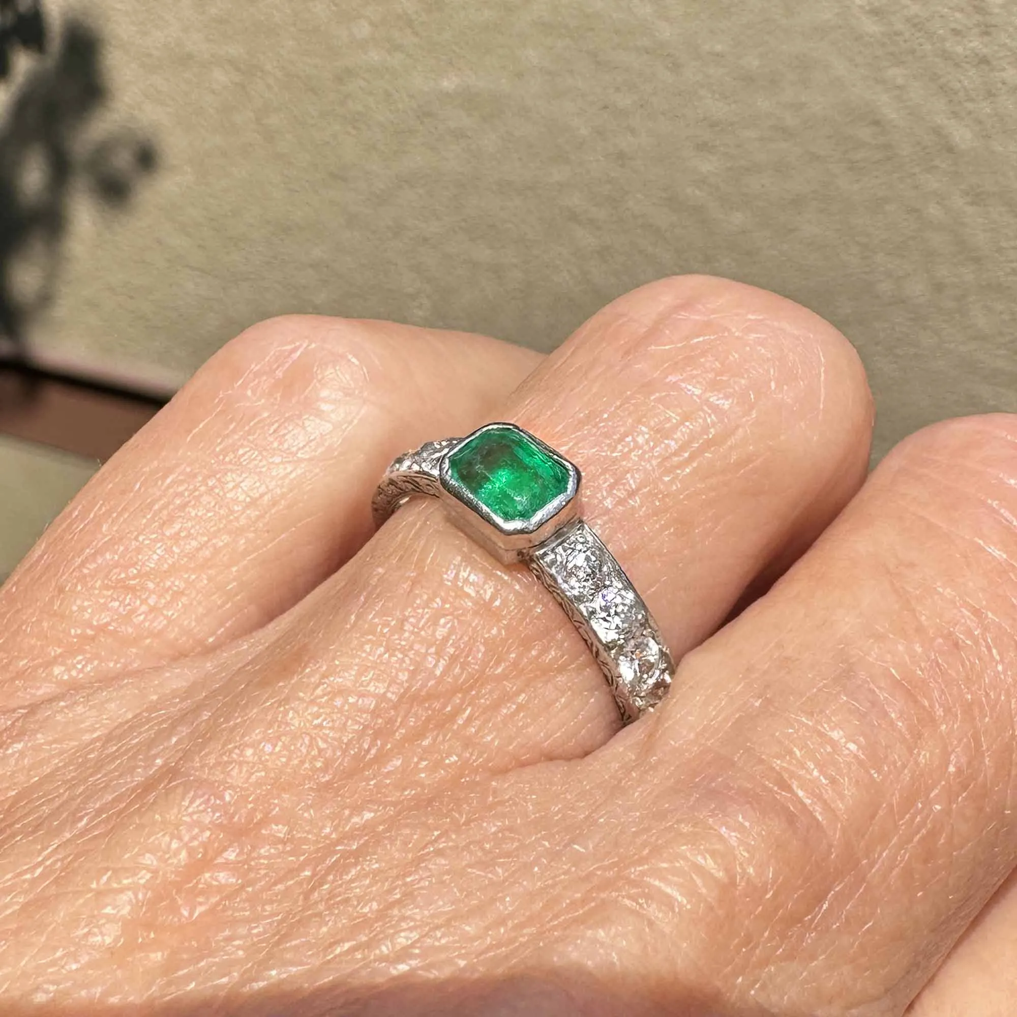 Art Deco Platinum Mine Cut Diamond Emerald Ring