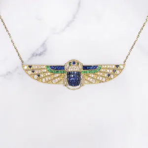 ART DECO STYLE SCARAB NECKLACE DIAMOND SAPPHIRE EMERALD 14k GOLD VINTAGE PENDANT