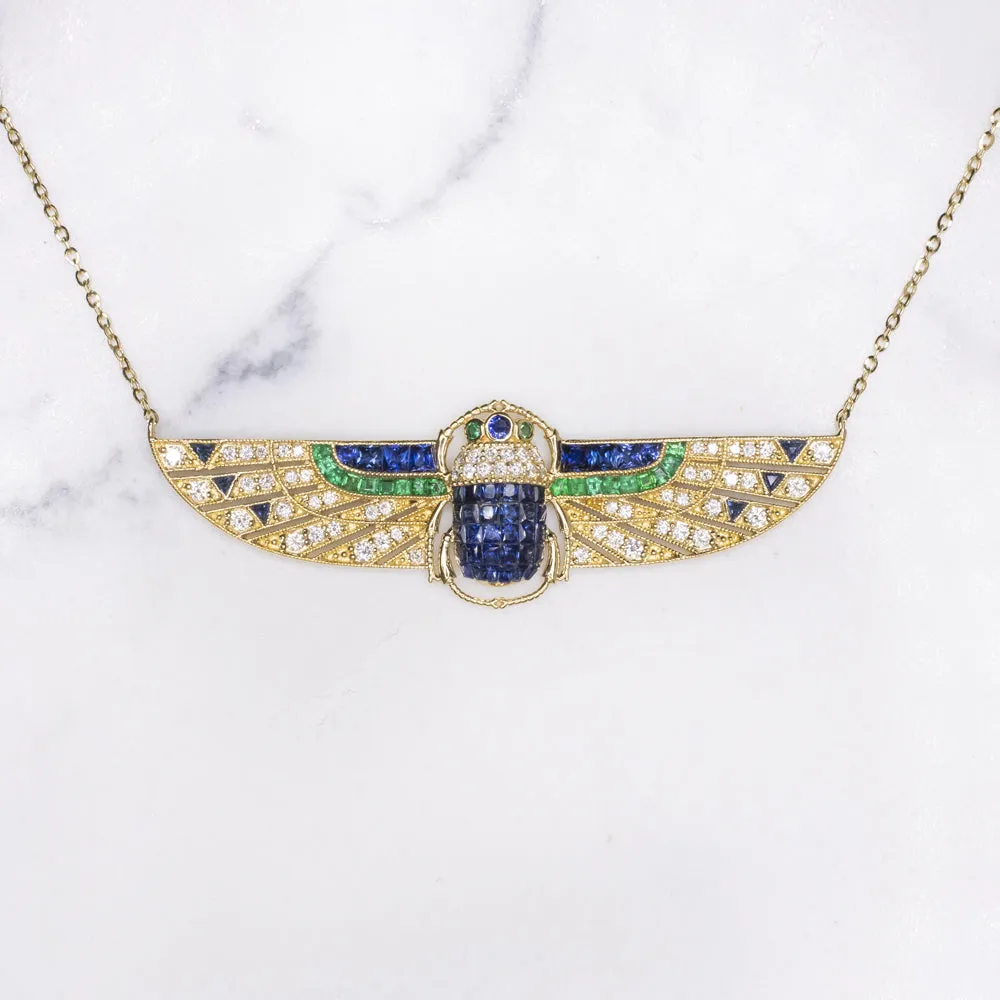 ART DECO STYLE SCARAB NECKLACE DIAMOND SAPPHIRE EMERALD 14k GOLD VINTAGE PENDANT