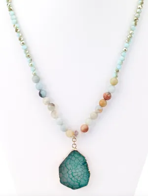 Beaded Agate Stone Pendant Long Necklace