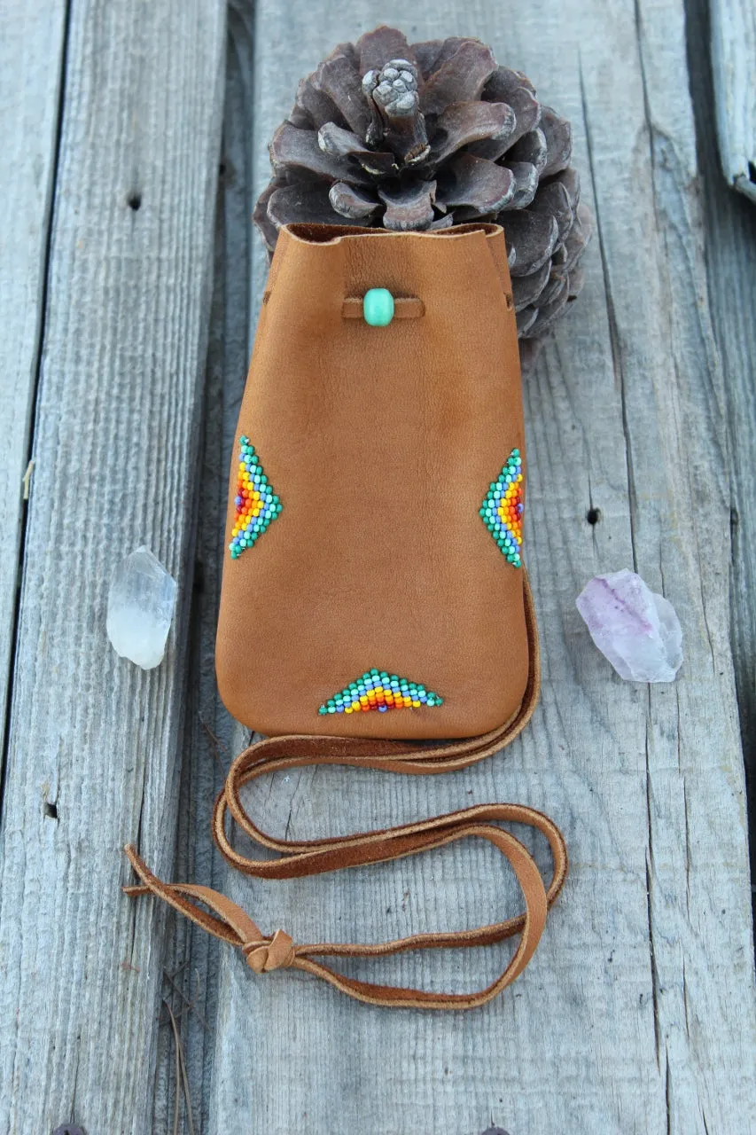 Beaded buckskin medicine bag, leather pouch