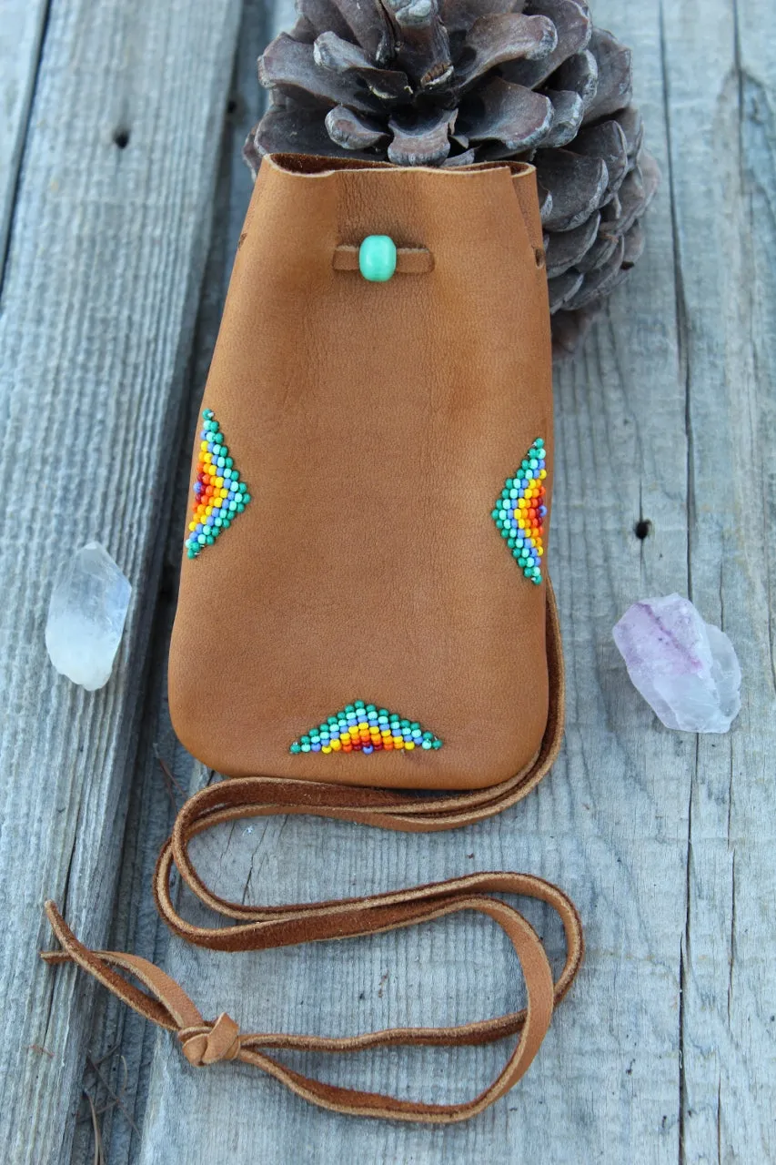 Beaded buckskin medicine bag, leather pouch