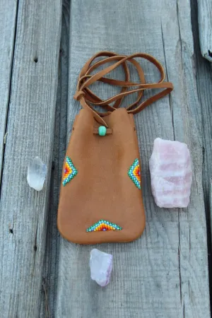 Beaded buckskin medicine bag, leather pouch