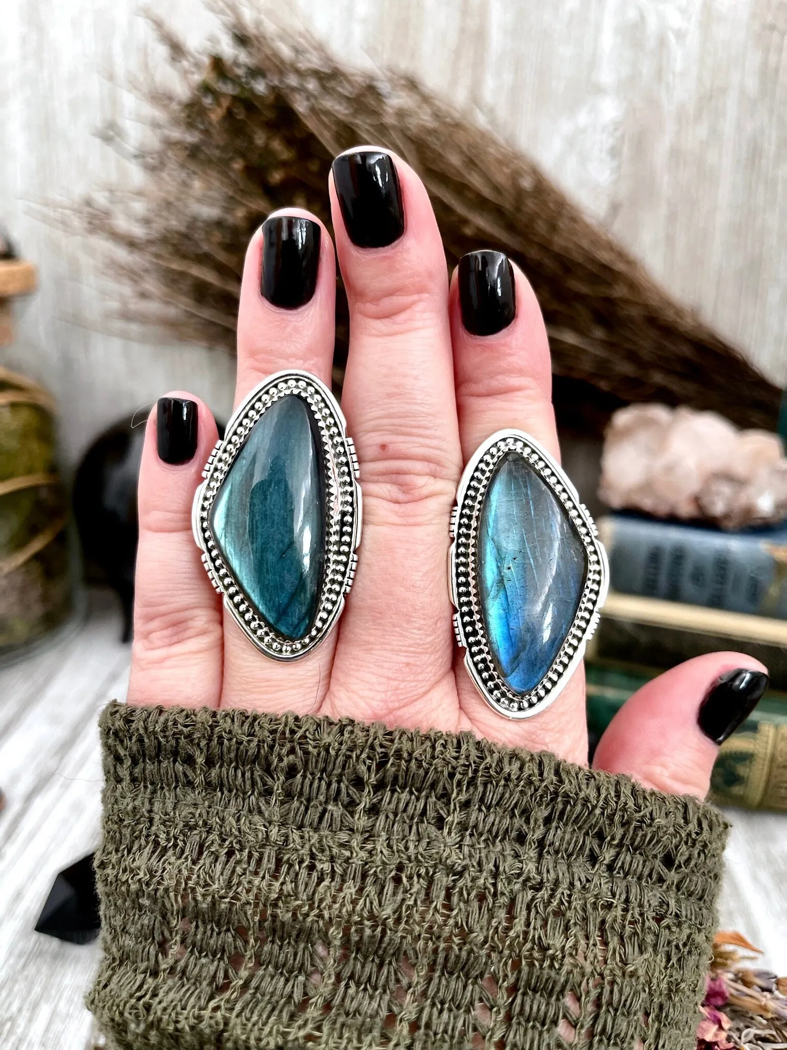 Big Labradorite Crystal Statement Ring in Sterling Silver - Designed by FOXLARK Collection Adjusts to size 6,7,8,9, or 10 | Blue Stone