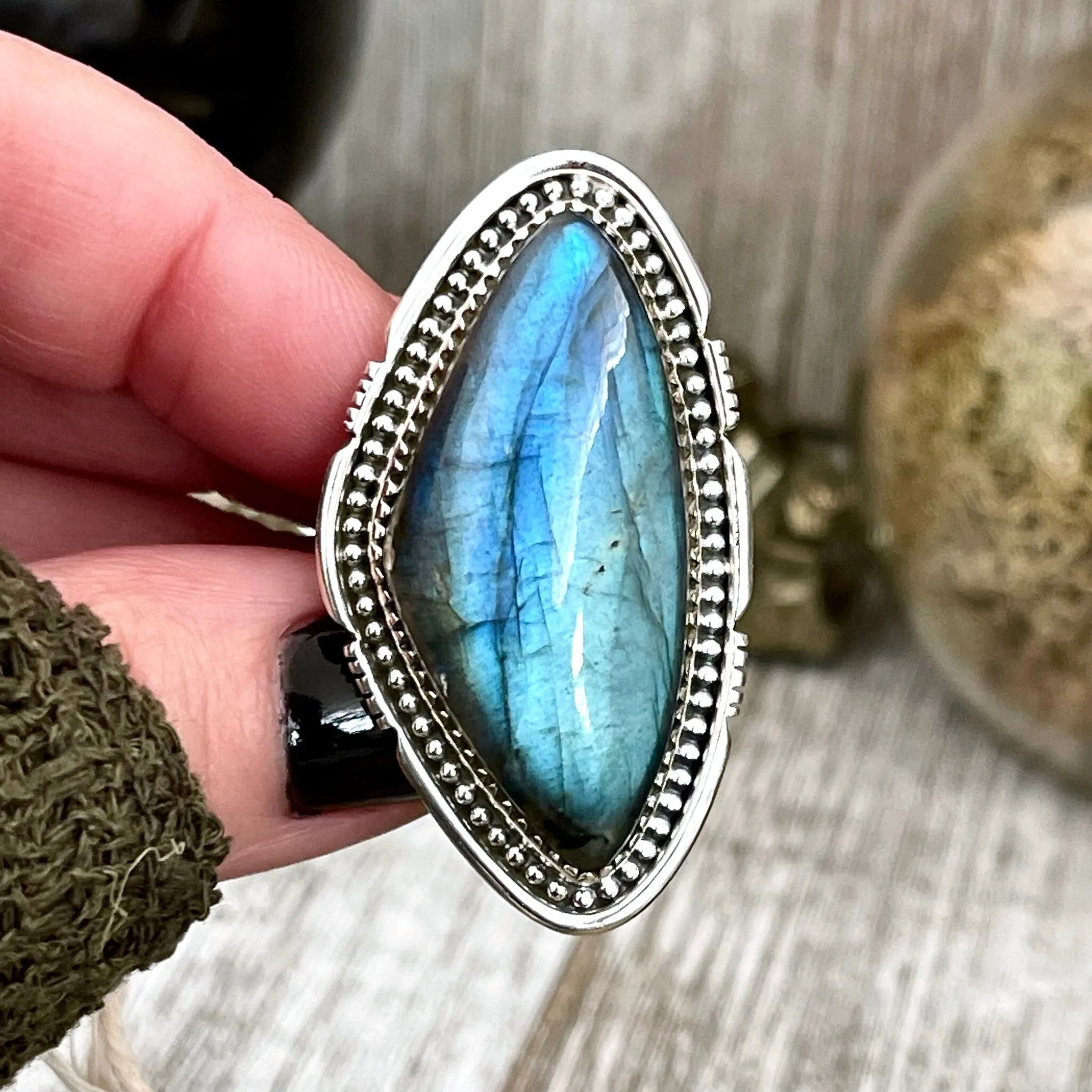 Big Labradorite Crystal Statement Ring in Sterling Silver - Designed by FOXLARK Collection Adjusts to size 6,7,8,9, or 10 | Blue Stone