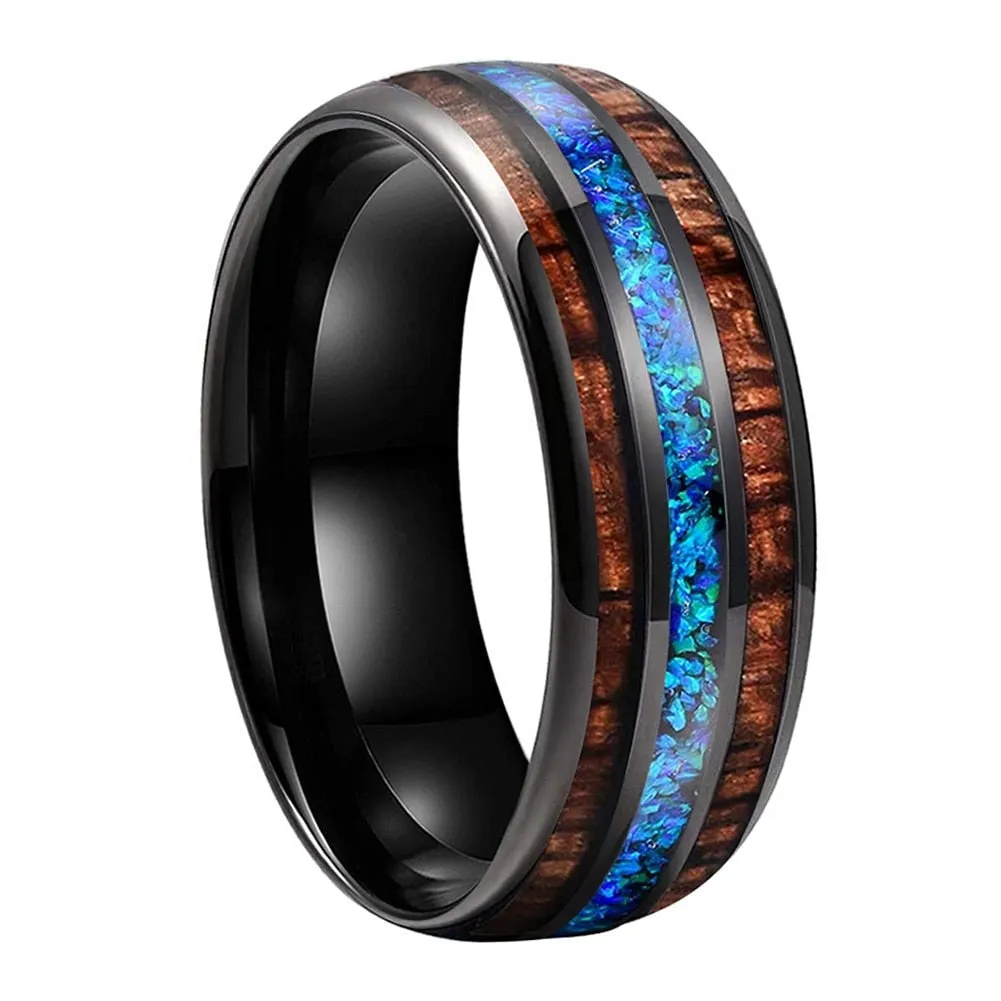 Blue Opal & Koa Wood Black Tungsten Ring (8mm)