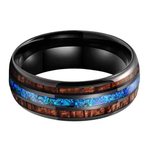 Blue Opal & Koa Wood Black Tungsten Ring (8mm)