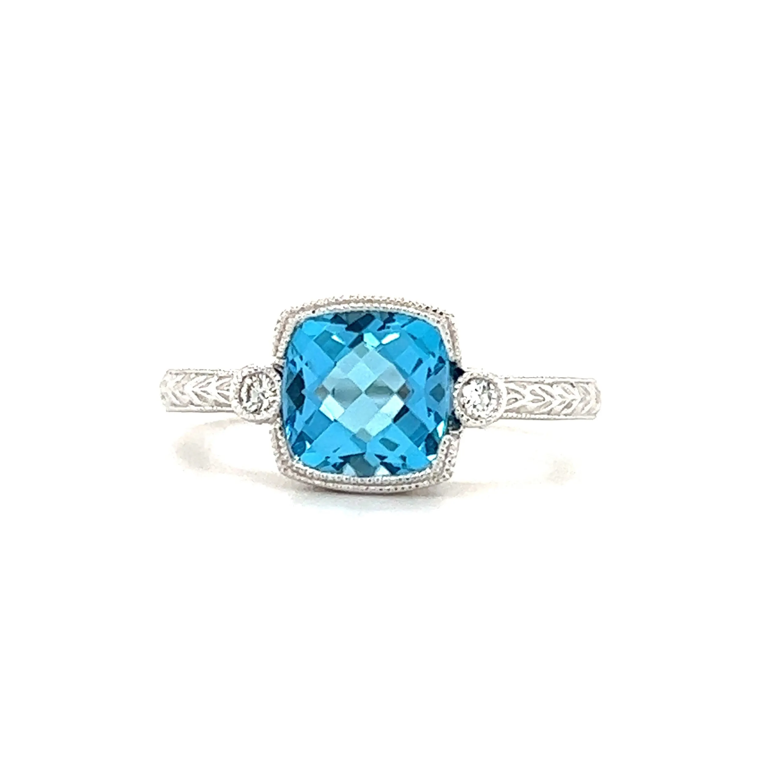 Blue Topaz Ring with Side Diamonds and Engraving in 14k White Gold