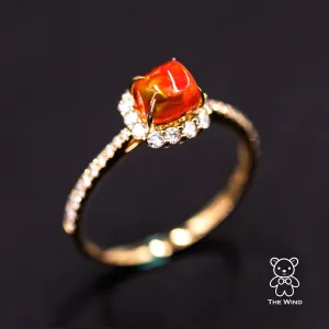 Candy Cube Mexican Fire Opal Halo Diamond Engagement Ring 18K Yellow Gold