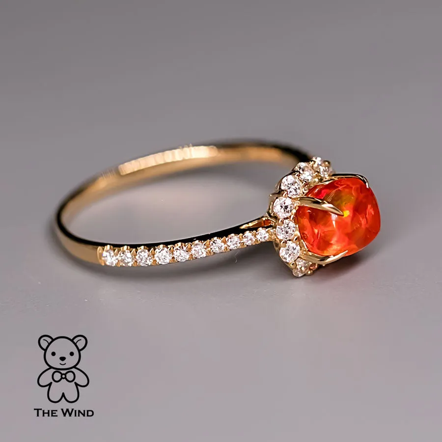 Candy Cube Mexican Fire Opal Halo Diamond Engagement Ring 18K Yellow Gold