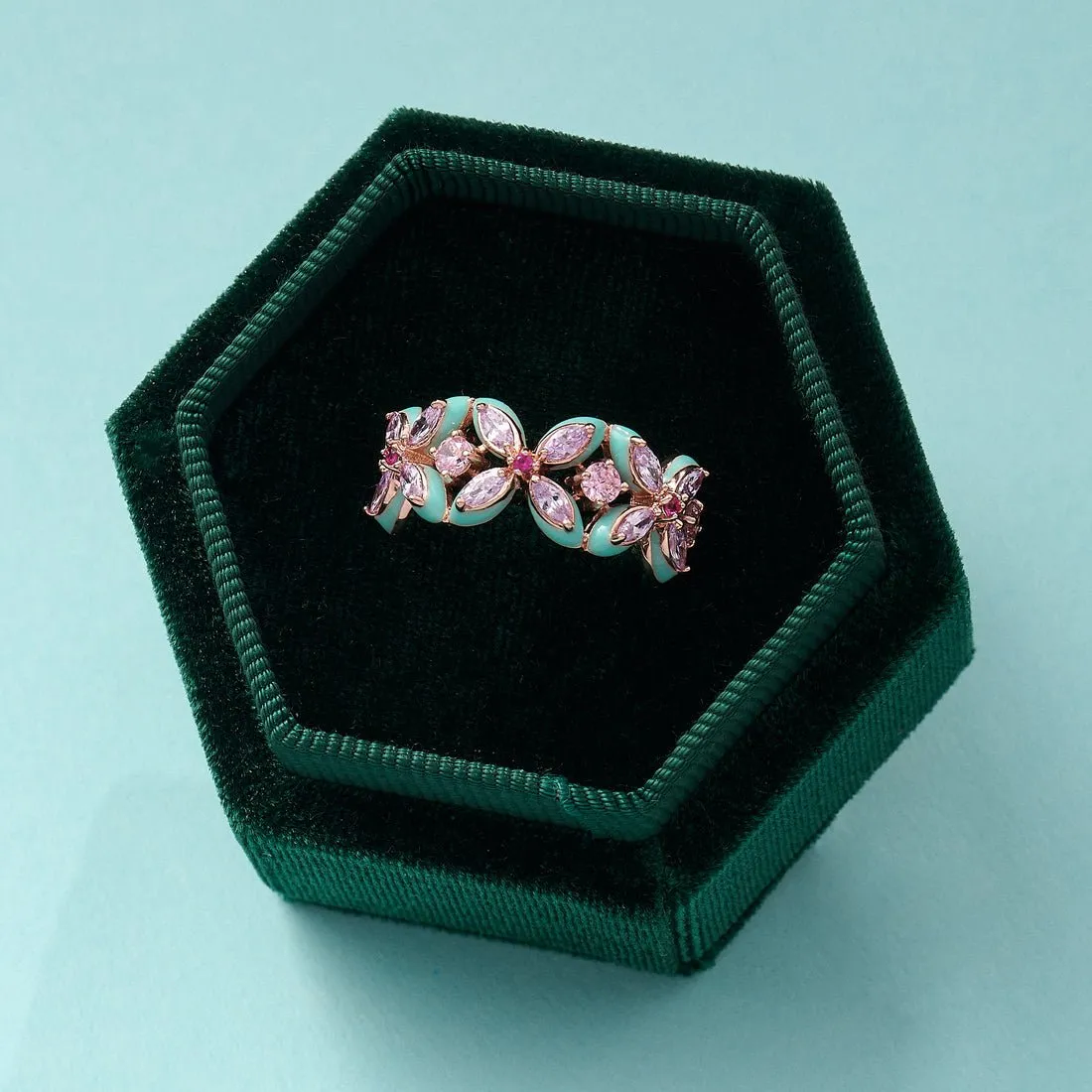 Clover Turquoise Enamel, Lilac, Pink CZ and Rose Gold Ring