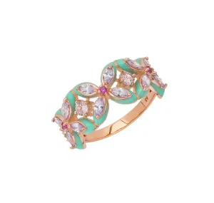 Clover Turquoise Enamel, Lilac, Pink CZ and Rose Gold Ring