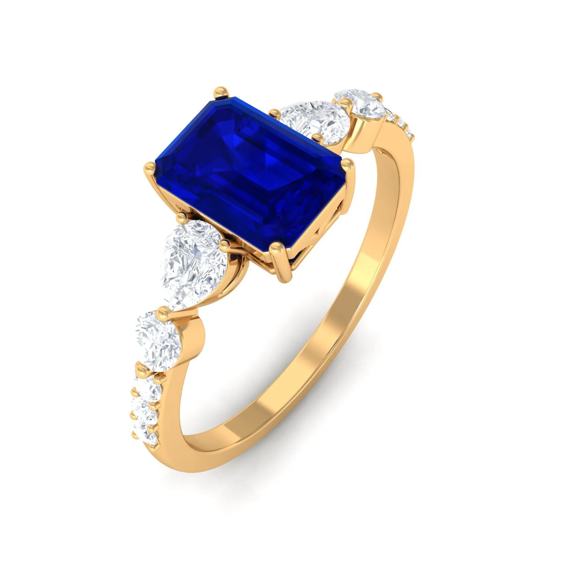 Created Blue Sapphire Classic Solitaire Engagement Ring with Diamond