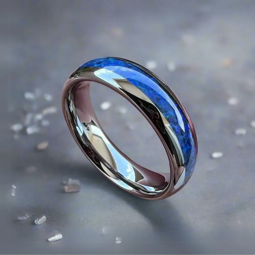 Crushed Blue Opal & Tungsten Wedding Ring (6mm)