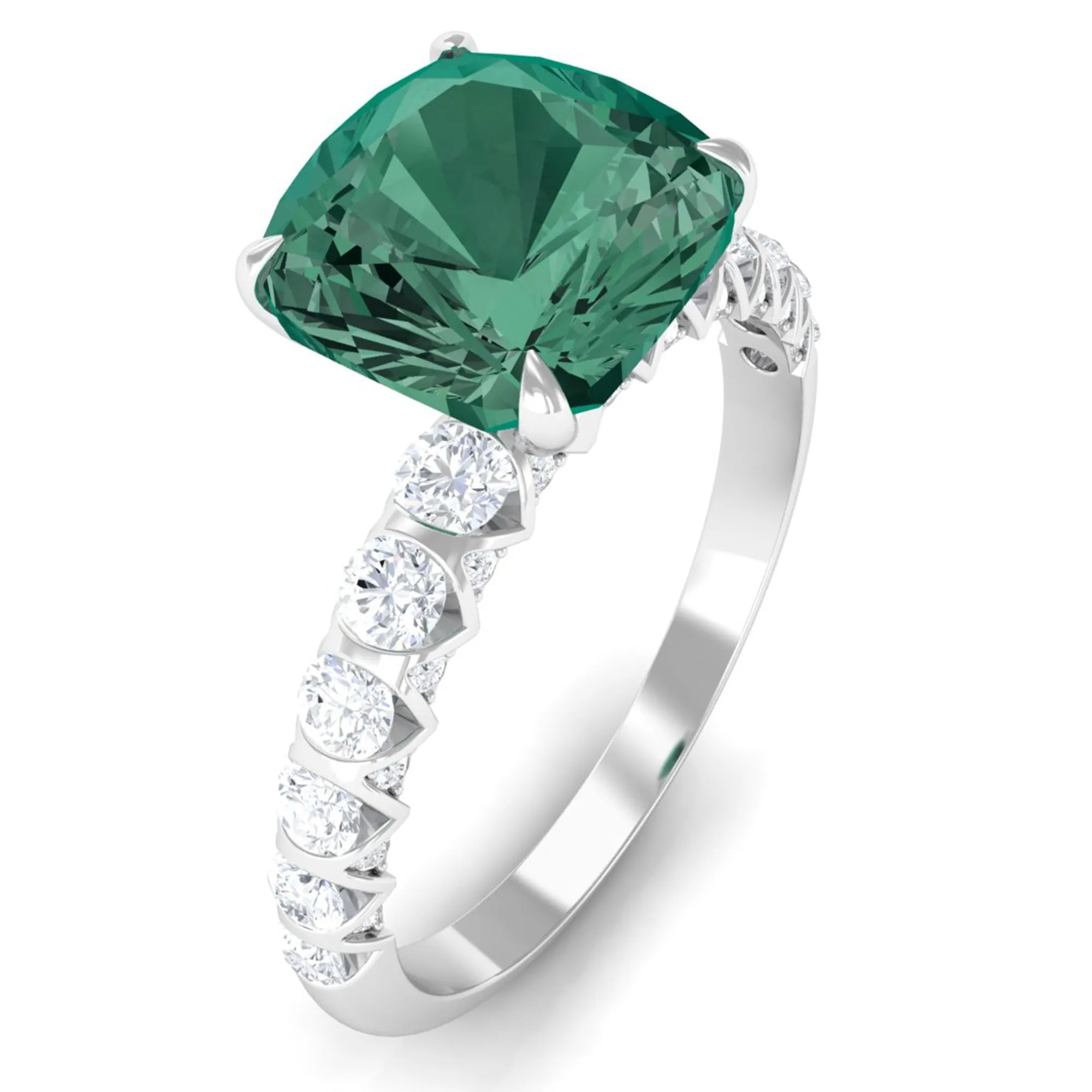 Cushion Cut Created Green Sapphire Engagement Ring with Moissanite