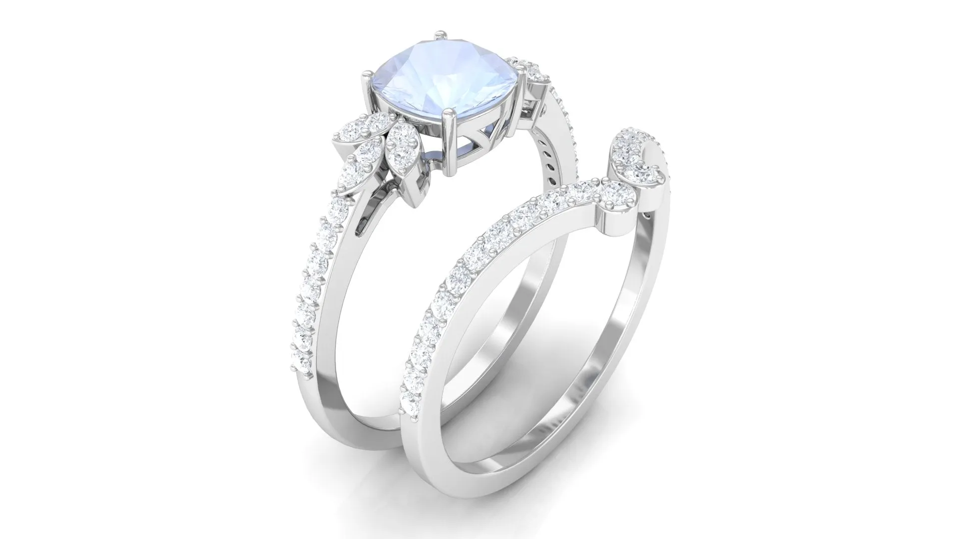 Cushion Cut Moonstone and Diamond Bridal Ring Set