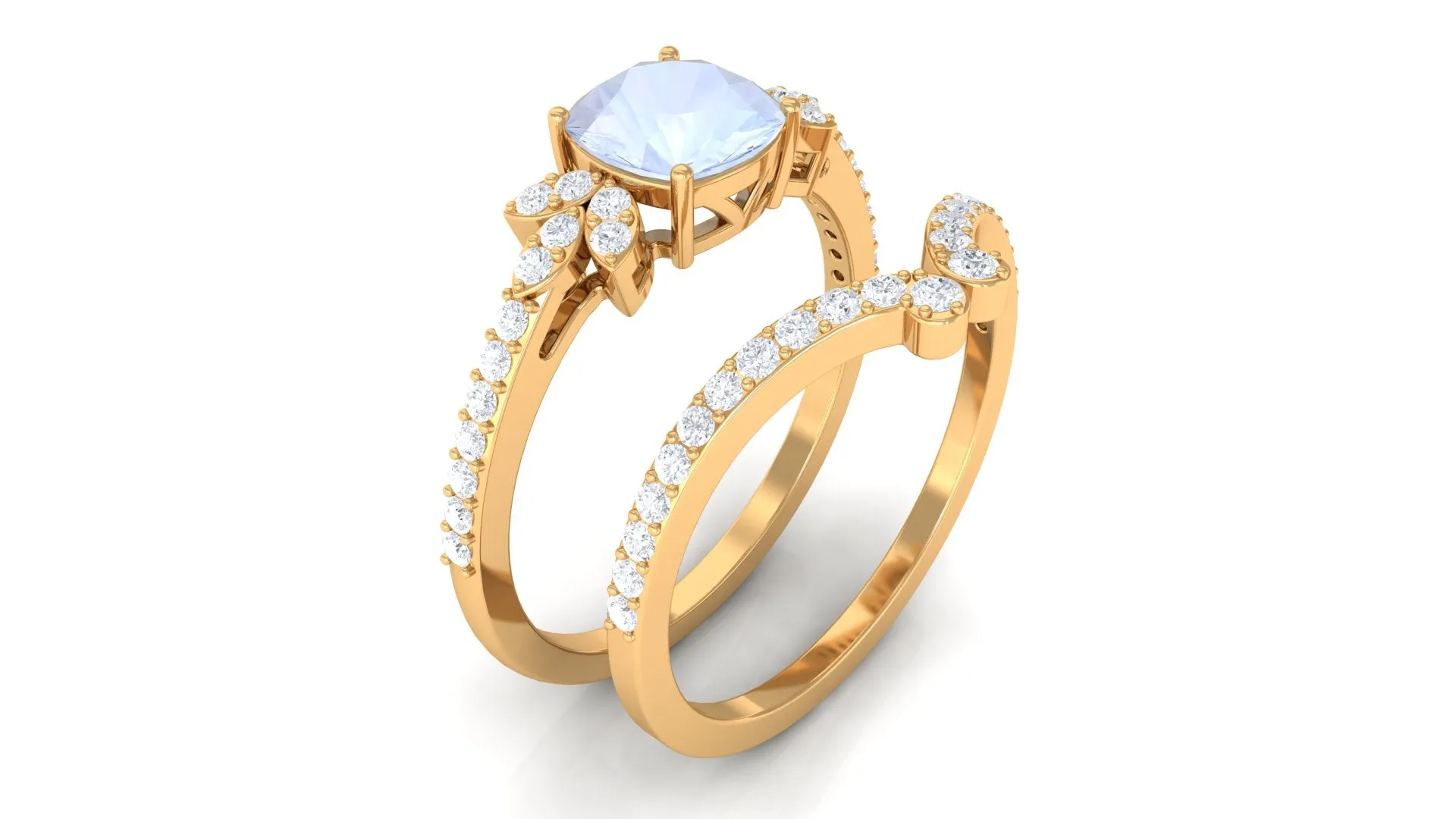 Cushion Cut Moonstone and Diamond Bridal Ring Set