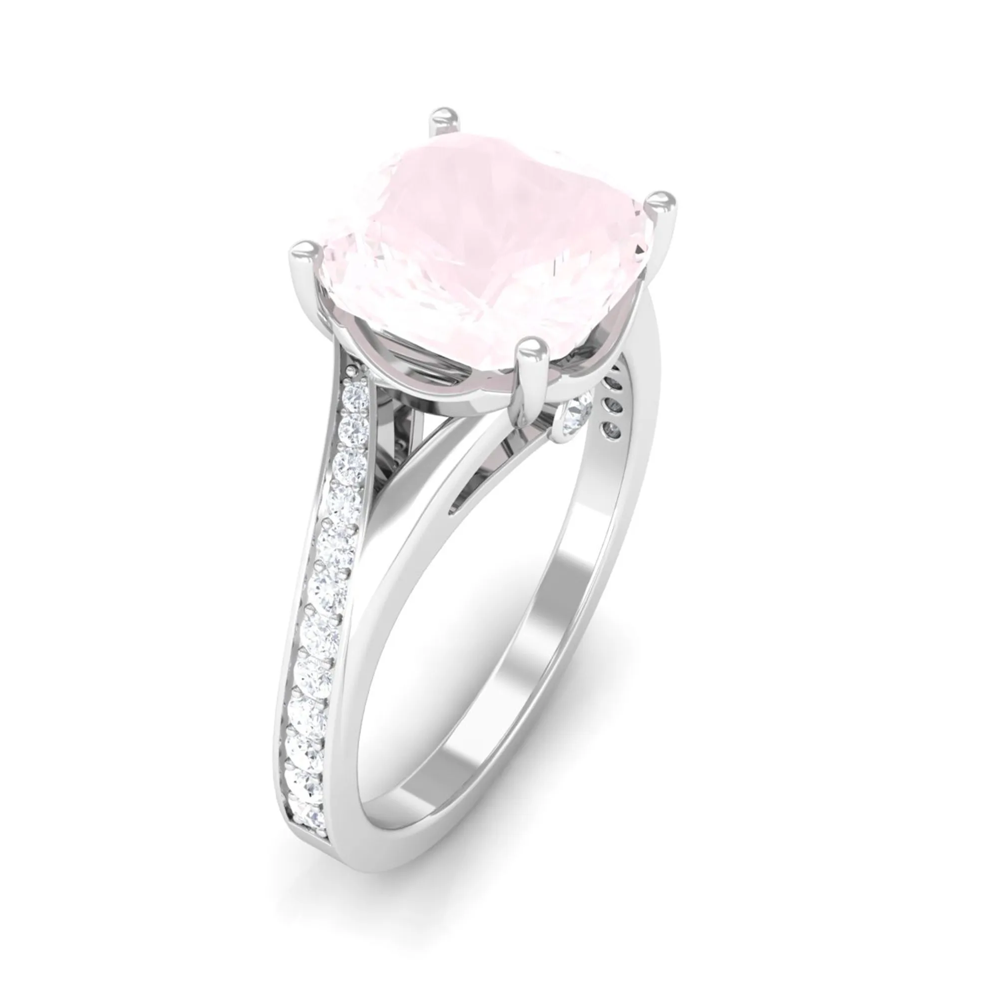 Cushion Cut Rose Quartz and Diamond Engagement Ring with Split Shank