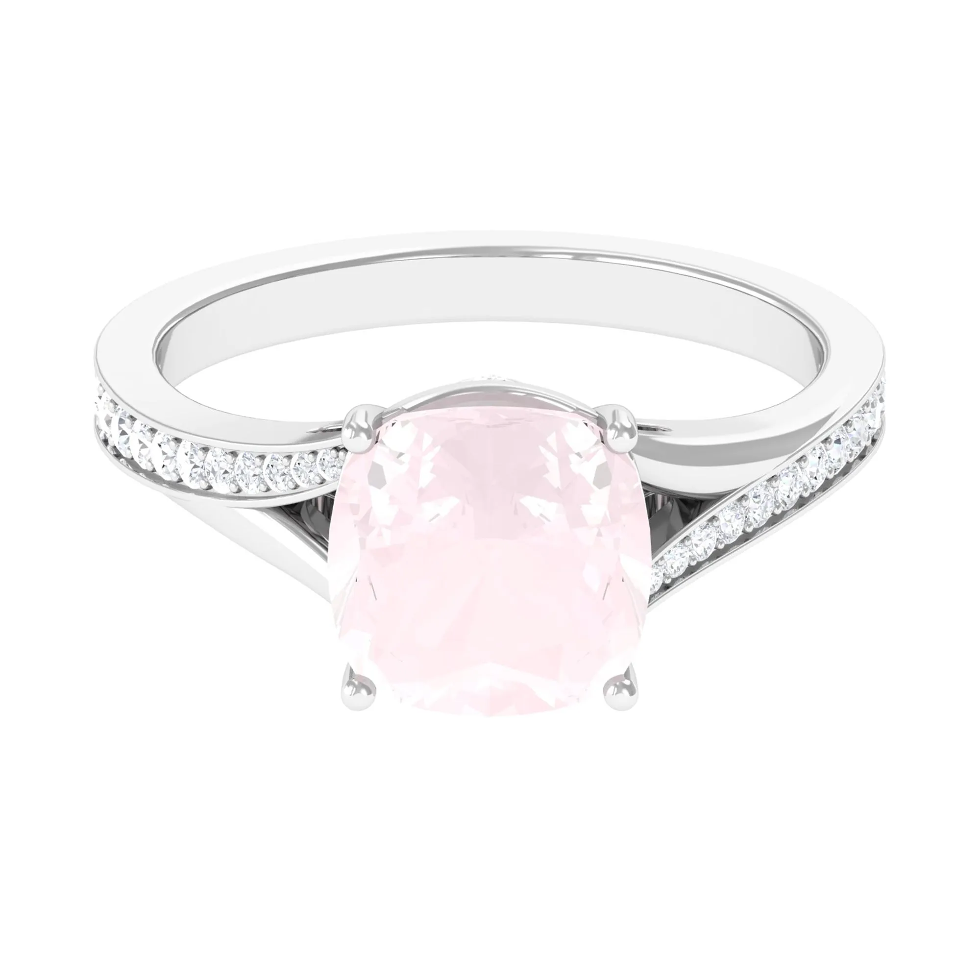 Cushion Cut Rose Quartz and Diamond Engagement Ring with Split Shank