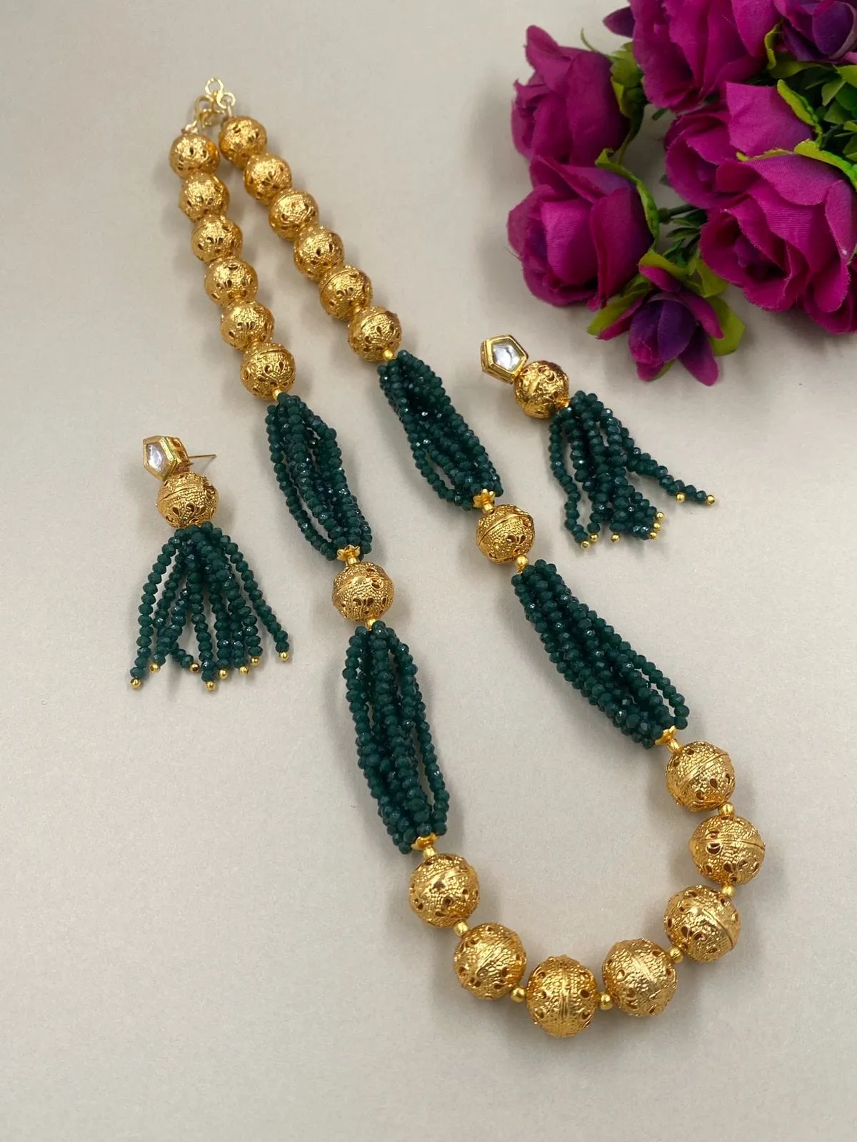 Designer Handcrafted Green Crystal And Golden Beads Necklace For Woman By Gehna Shop