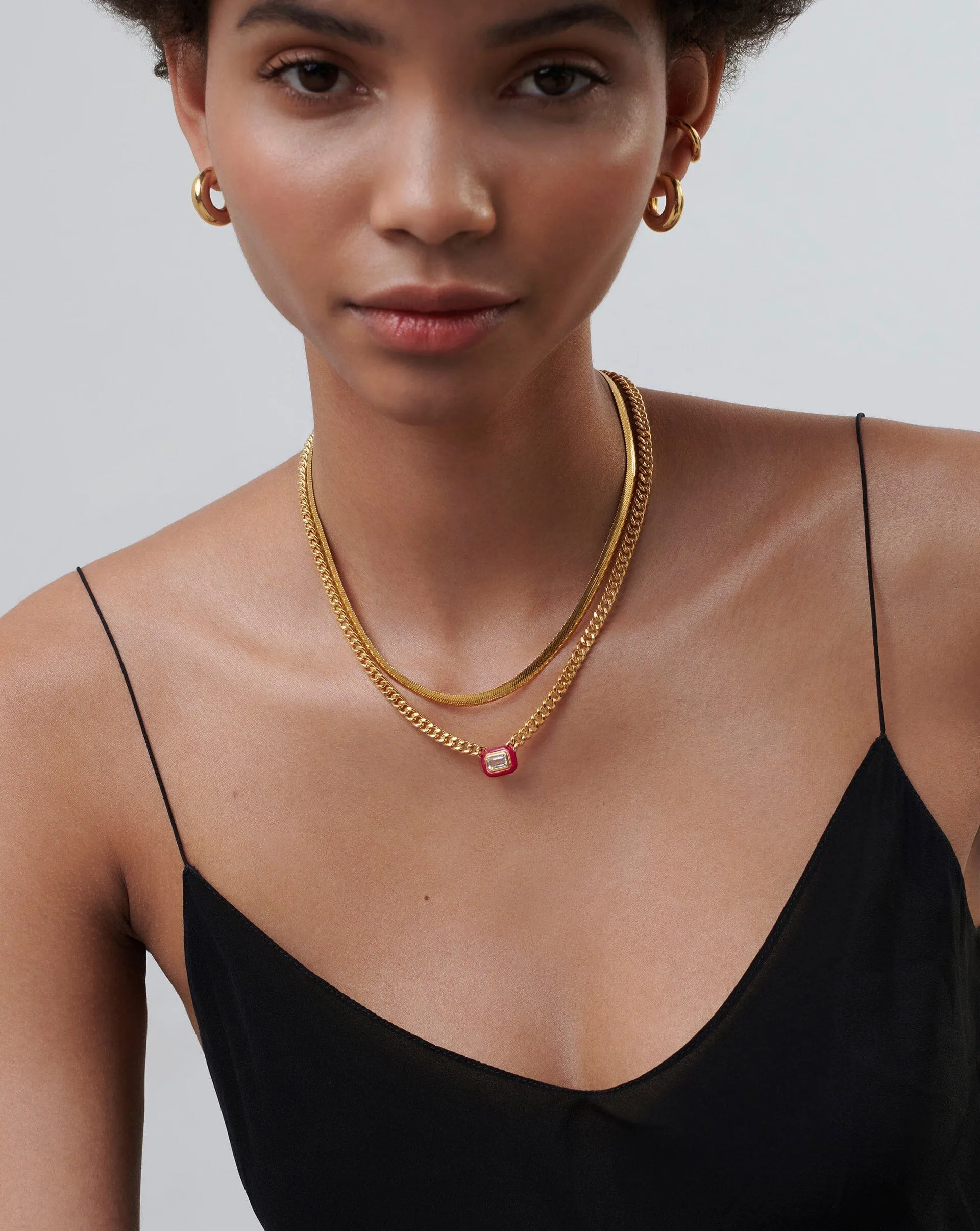 Enamel & Stone Floating Pendant Chain Necklace | 18k Gold Plated/White Cubic Zirconia