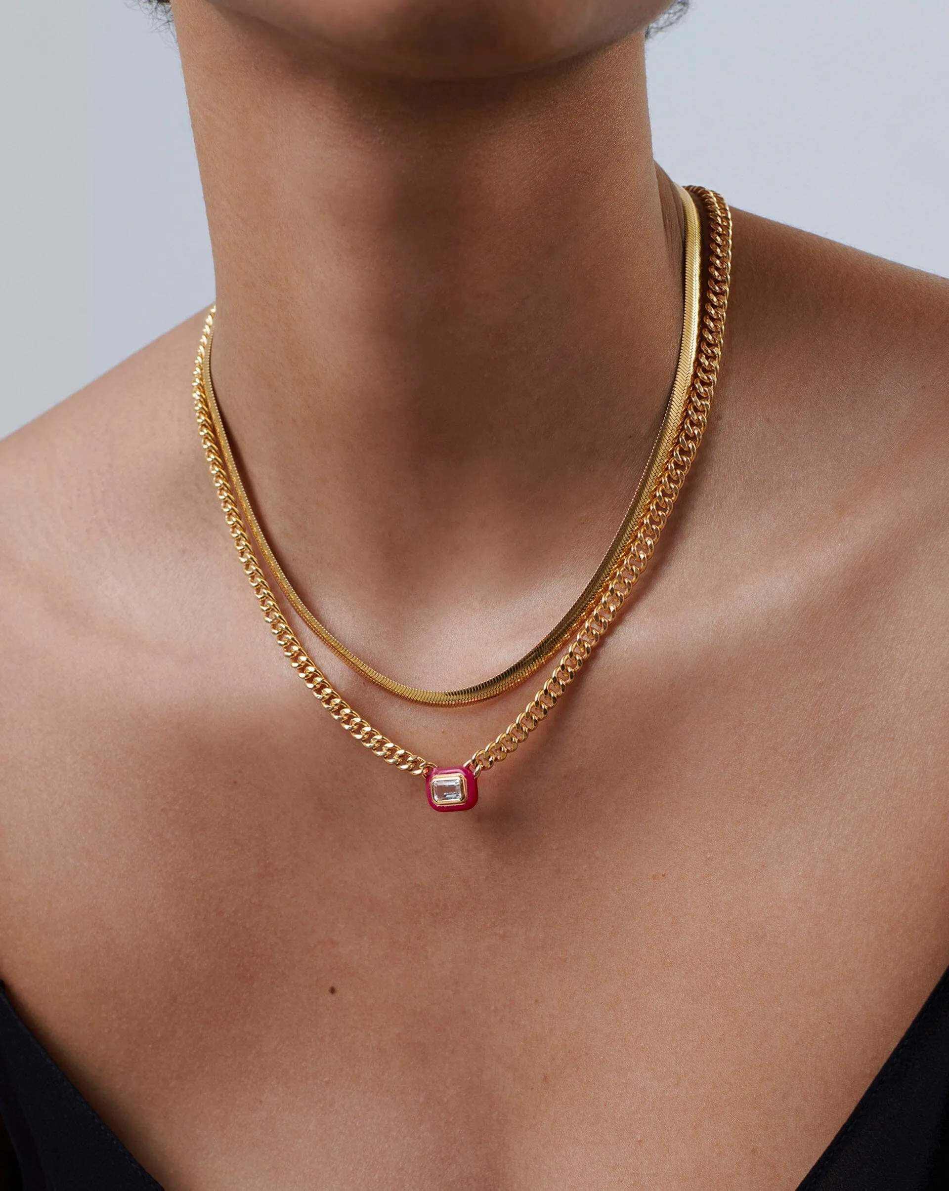 Enamel & Stone Floating Pendant Chain Necklace | 18k Gold Plated/White Cubic Zirconia