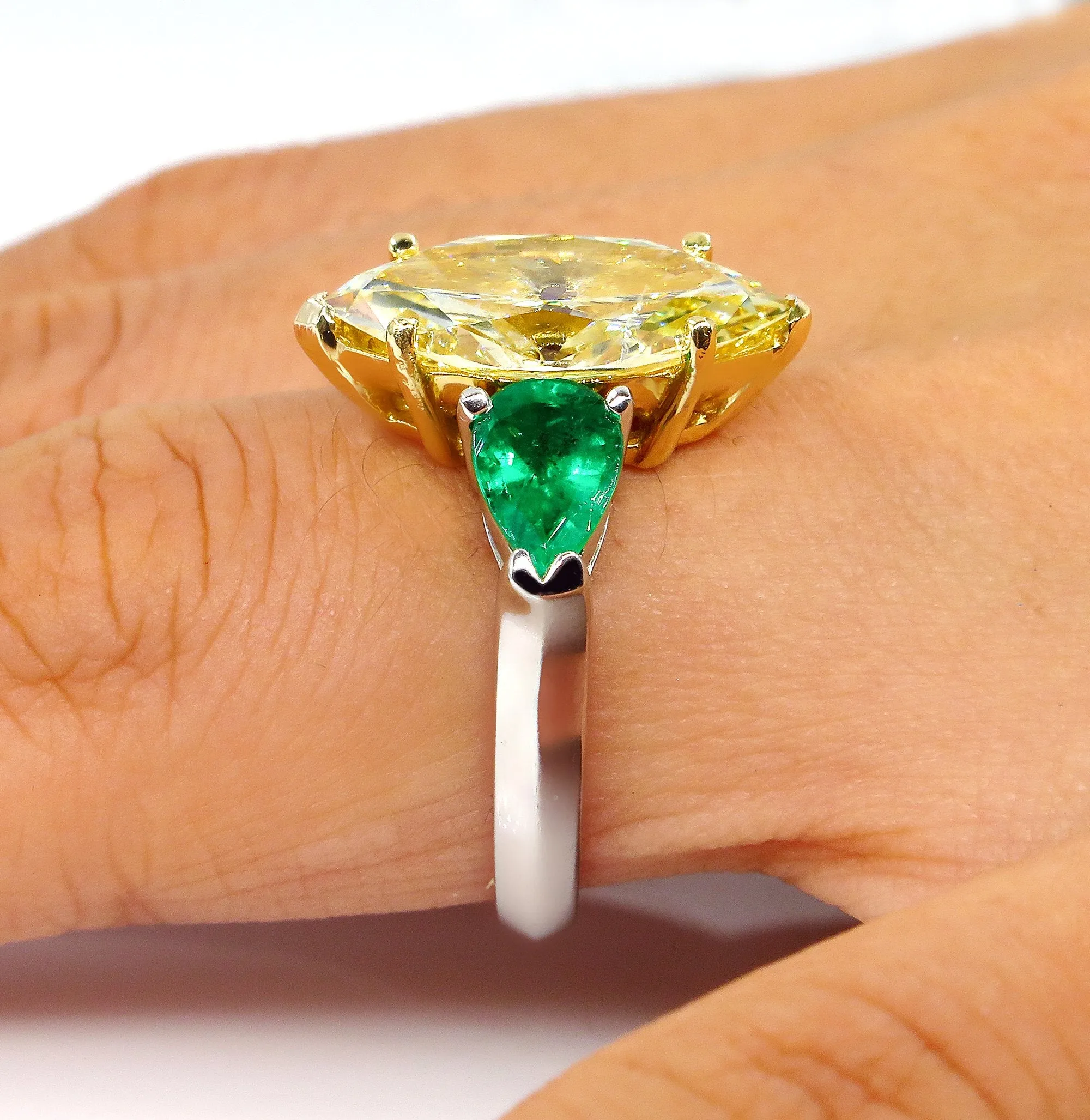 Estate “Canary” 4.86ctw Natural Fancy YELLOW Marquise Diamond & Green Emerald Ring