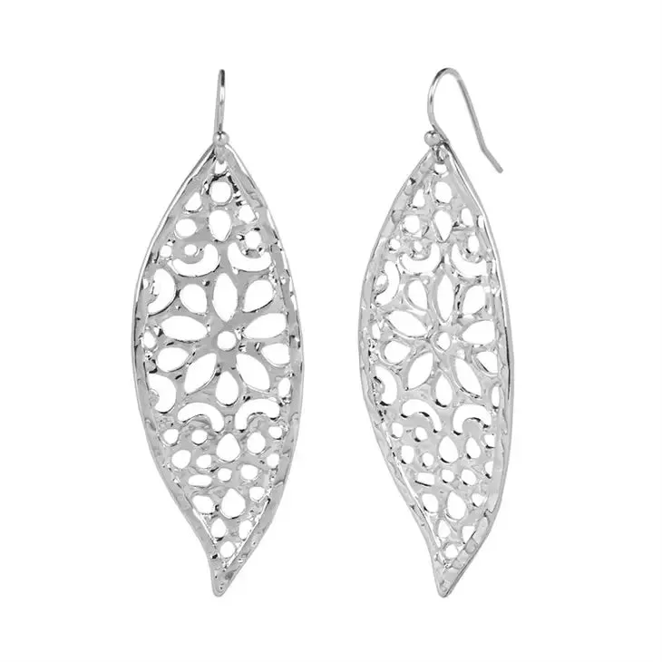 Feather-Shaped Carved-Out Silver Dangle Earrings