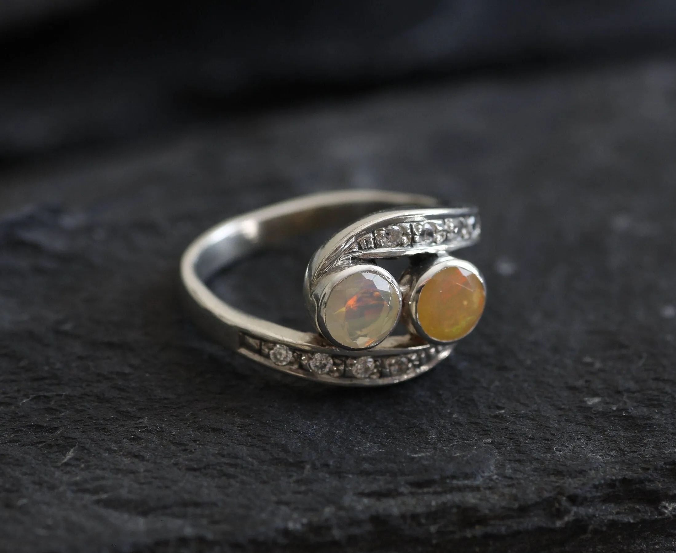 Fire Opal Ring - Diamond Bypass Ring - Two Stone Ring