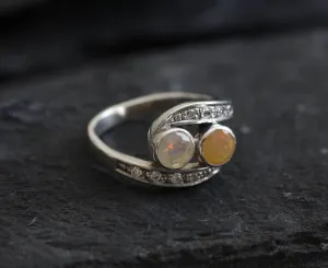 Fire Opal Ring - Diamond Bypass Ring - Two Stone Ring