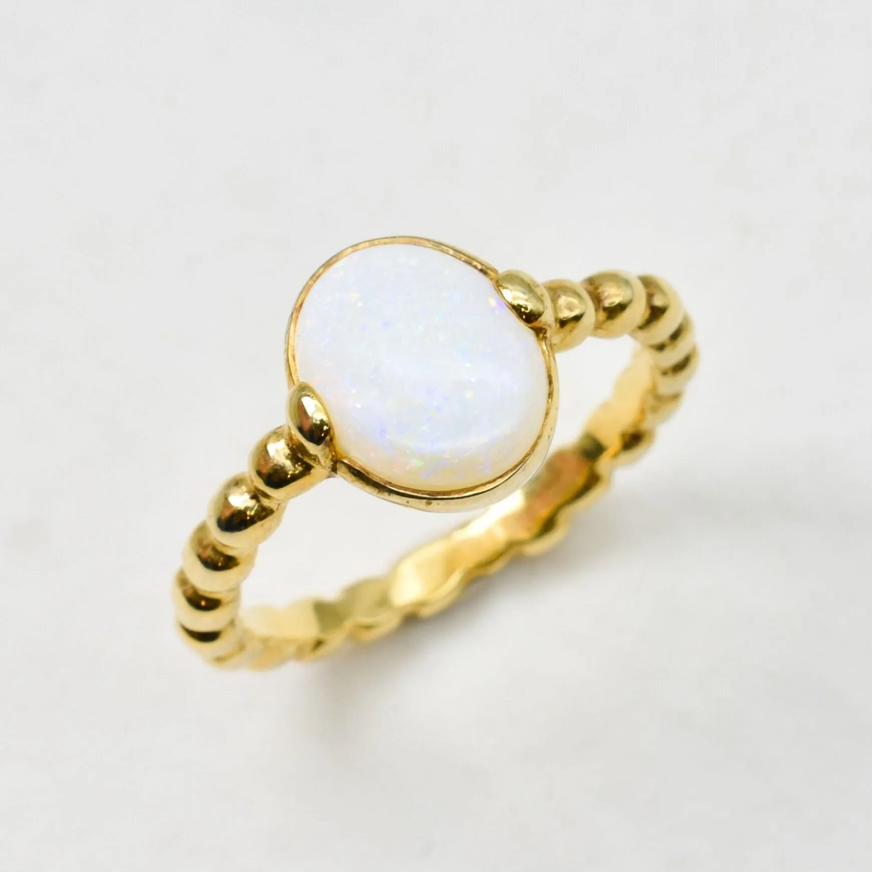 Gold Opal Ring - White Oval Ring - Vintage Bezel Ring