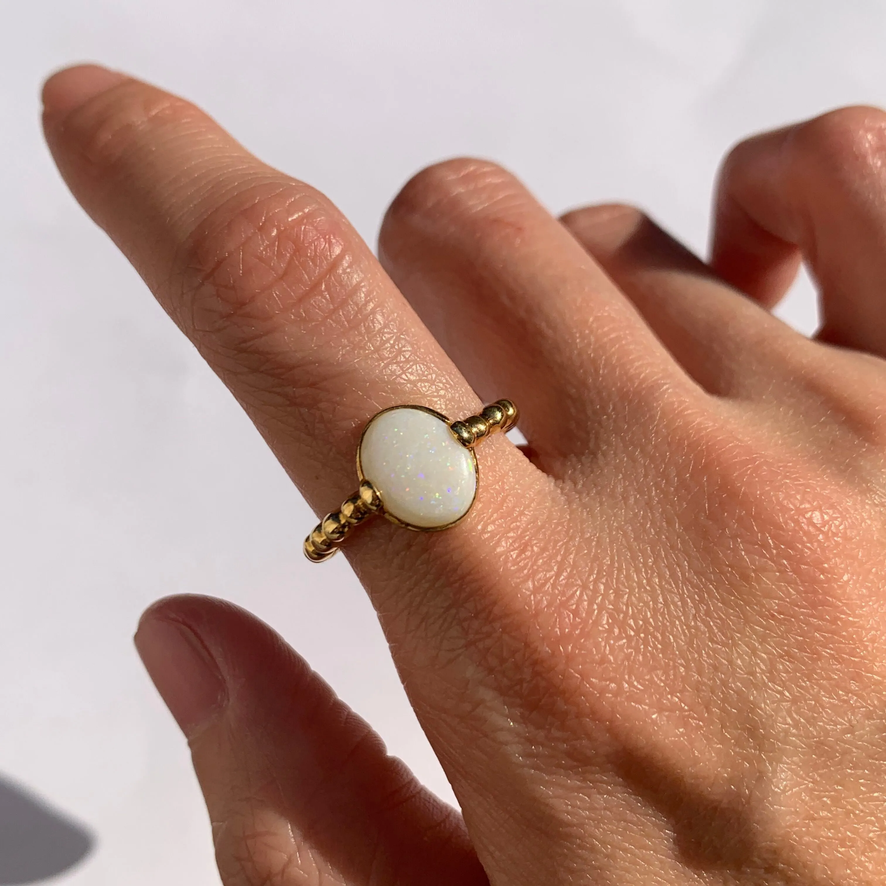 Gold Opal Ring - White Oval Ring - Vintage Bezel Ring