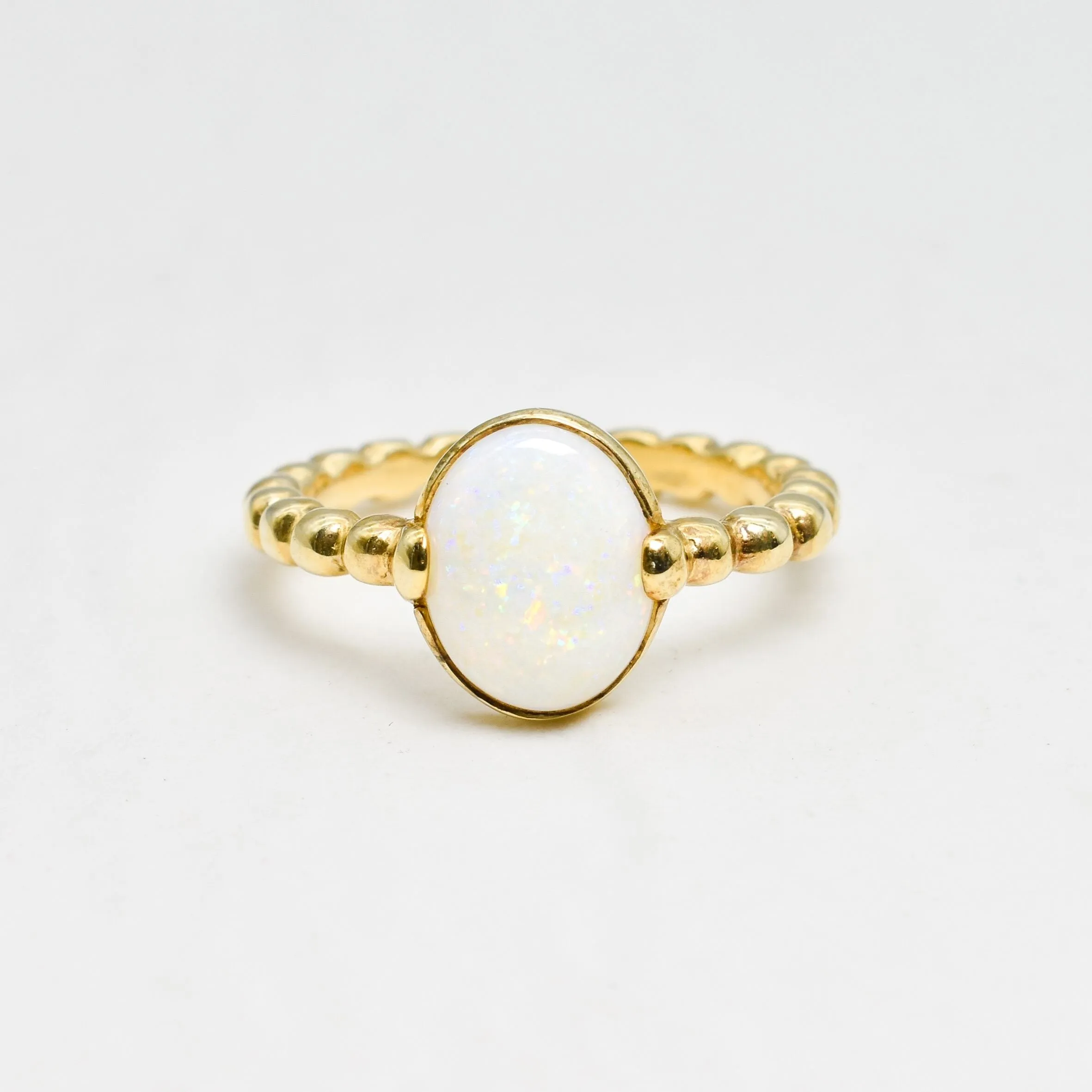 Gold Opal Ring - White Oval Ring - Vintage Bezel Ring