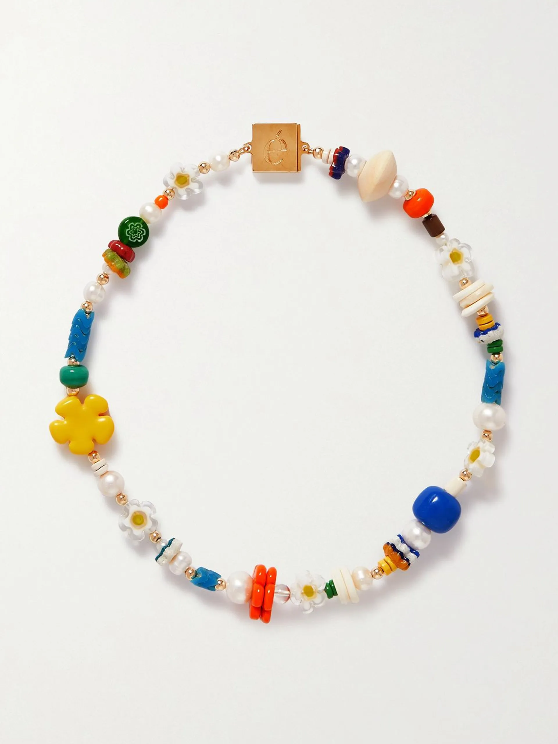 Gold-plated, pearl, resin, enamel and wood necklace