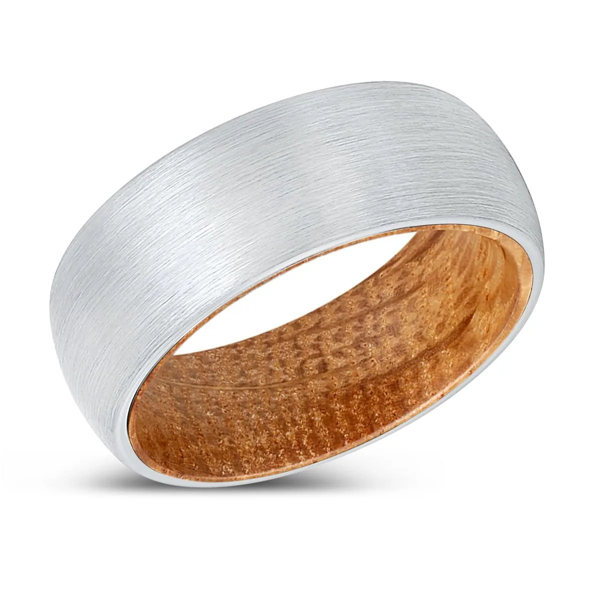 GOLIATH | Whiskey Barrel Wood, White Tungsten Ring, Brushed, Domed