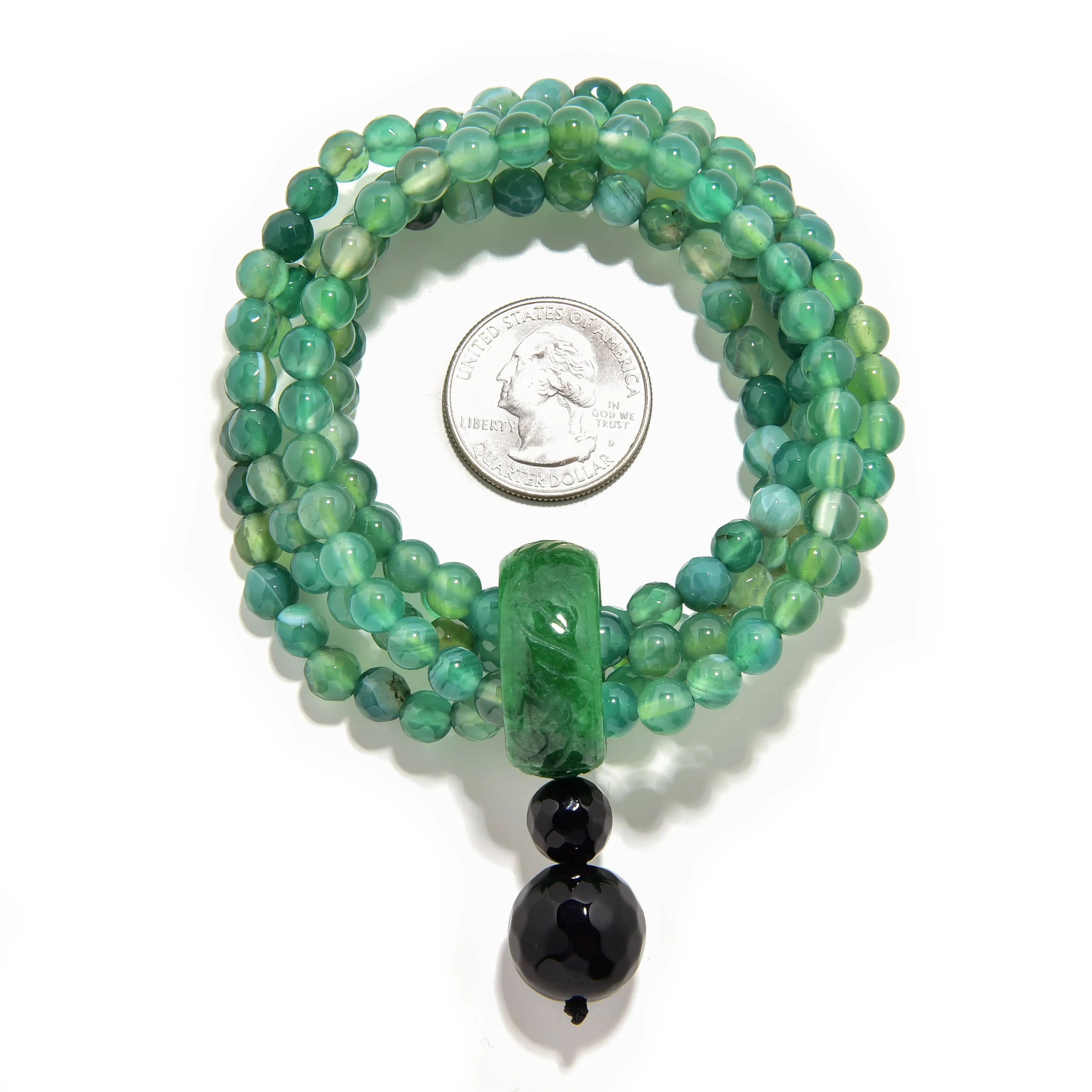 Green Agate 6mm Beads with Jade Ring Gemstone Elastic Bracelet