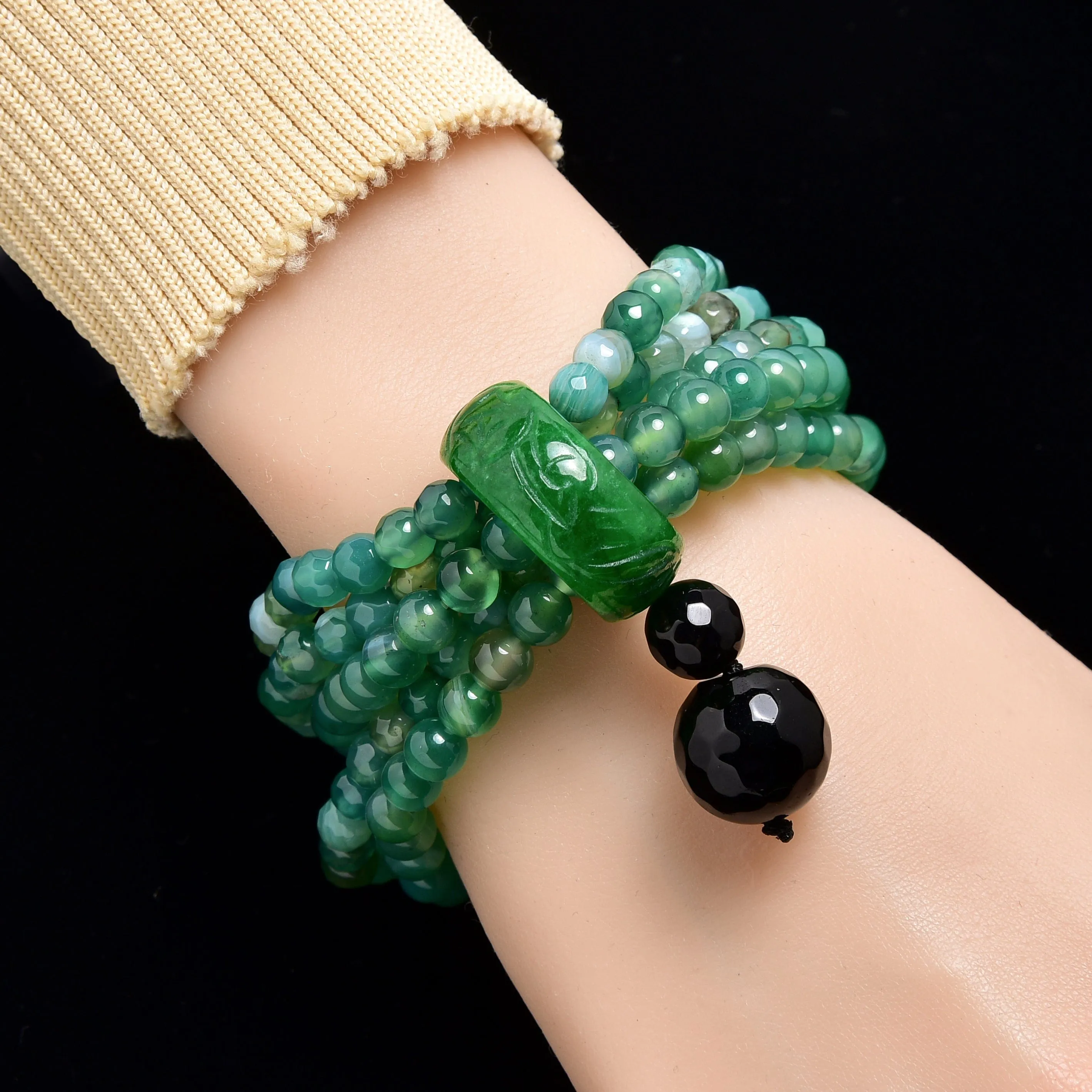 Green Agate 6mm Beads with Jade Ring Gemstone Elastic Bracelet