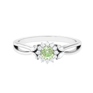 Green Sapphire and Diamond Flower Engagement Ring with Split Shank