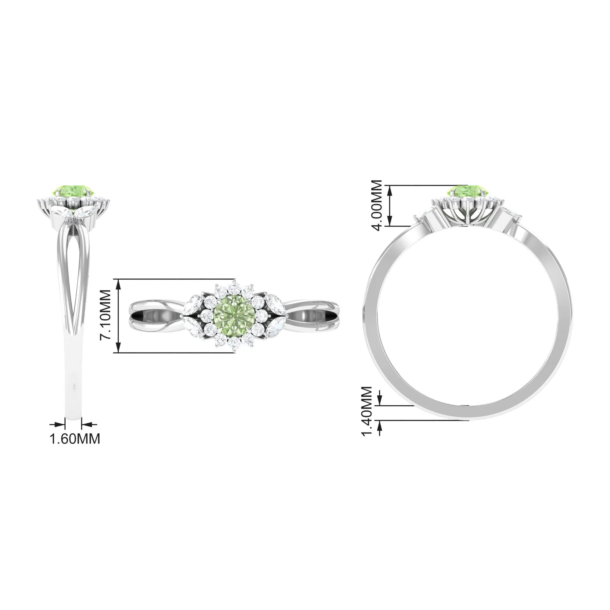 Green Sapphire and Diamond Flower Engagement Ring with Split Shank