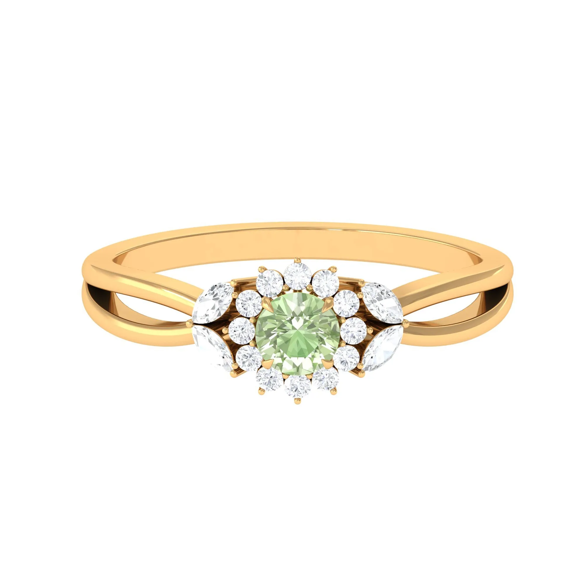 Green Sapphire and Diamond Flower Engagement Ring with Split Shank