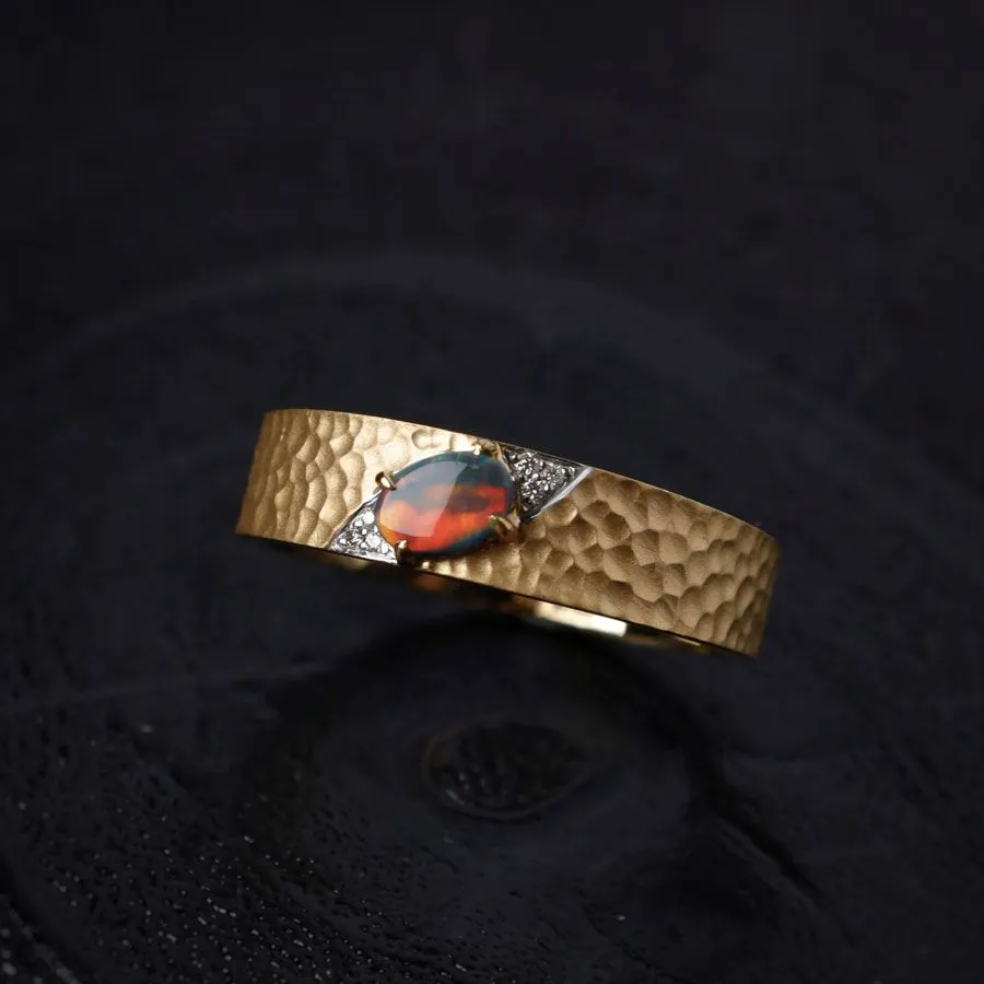 Hammered Finish 18K Gold Black Opal Diamond Engagement Ring