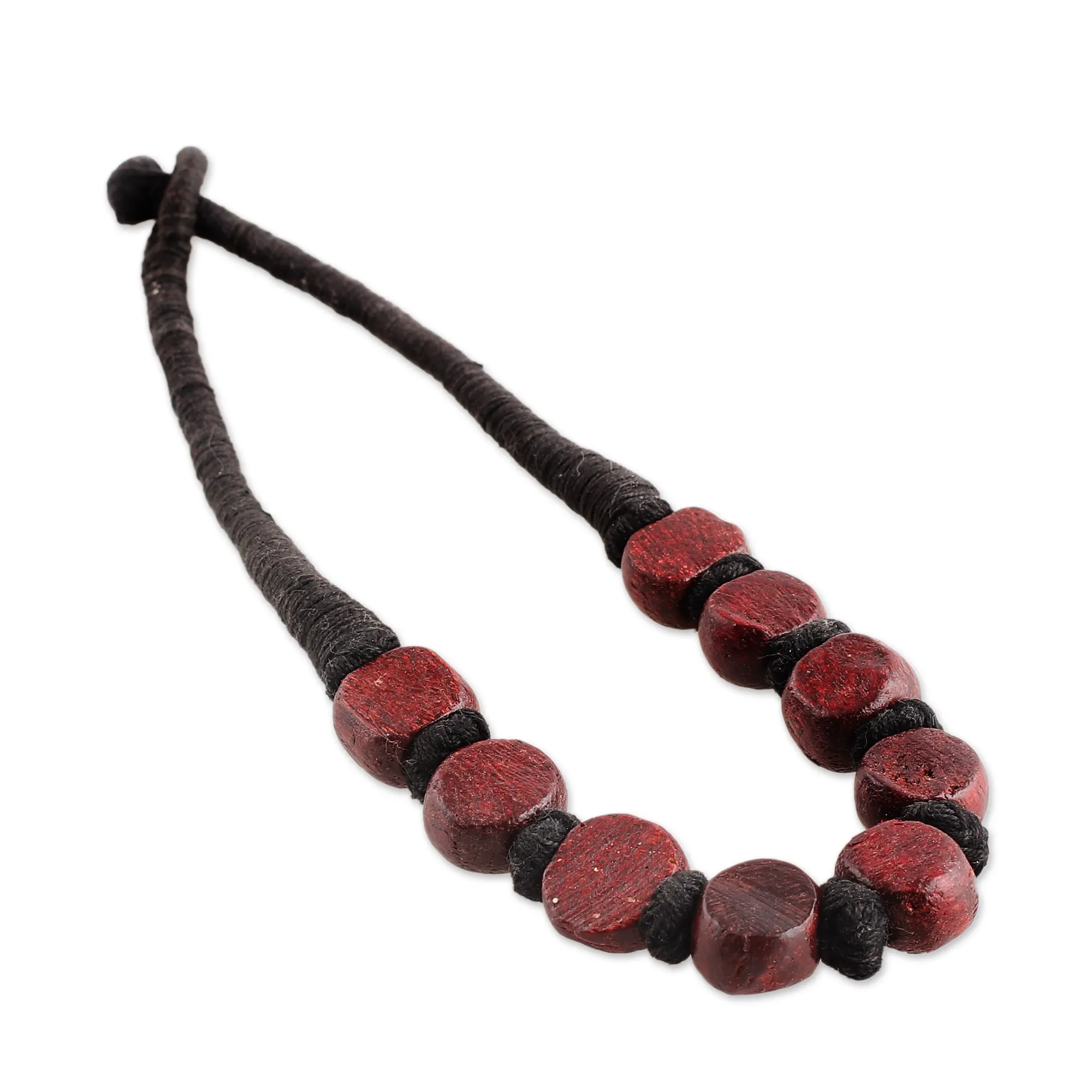 Handcrafted Maroon Haldu Wood Beaded Necklace from India - Maroon Glory | NOVICA