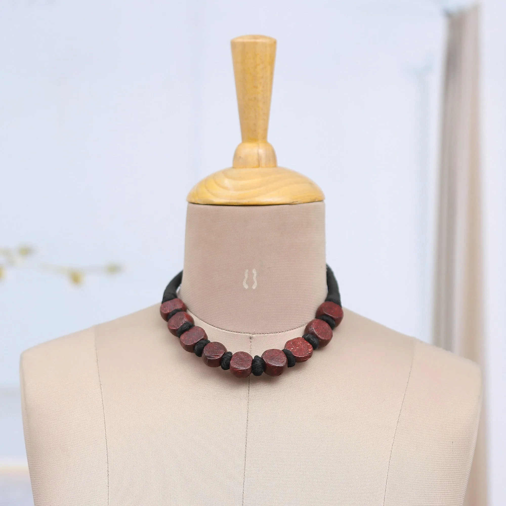 Handcrafted Maroon Haldu Wood Beaded Necklace from India - Maroon Glory | NOVICA