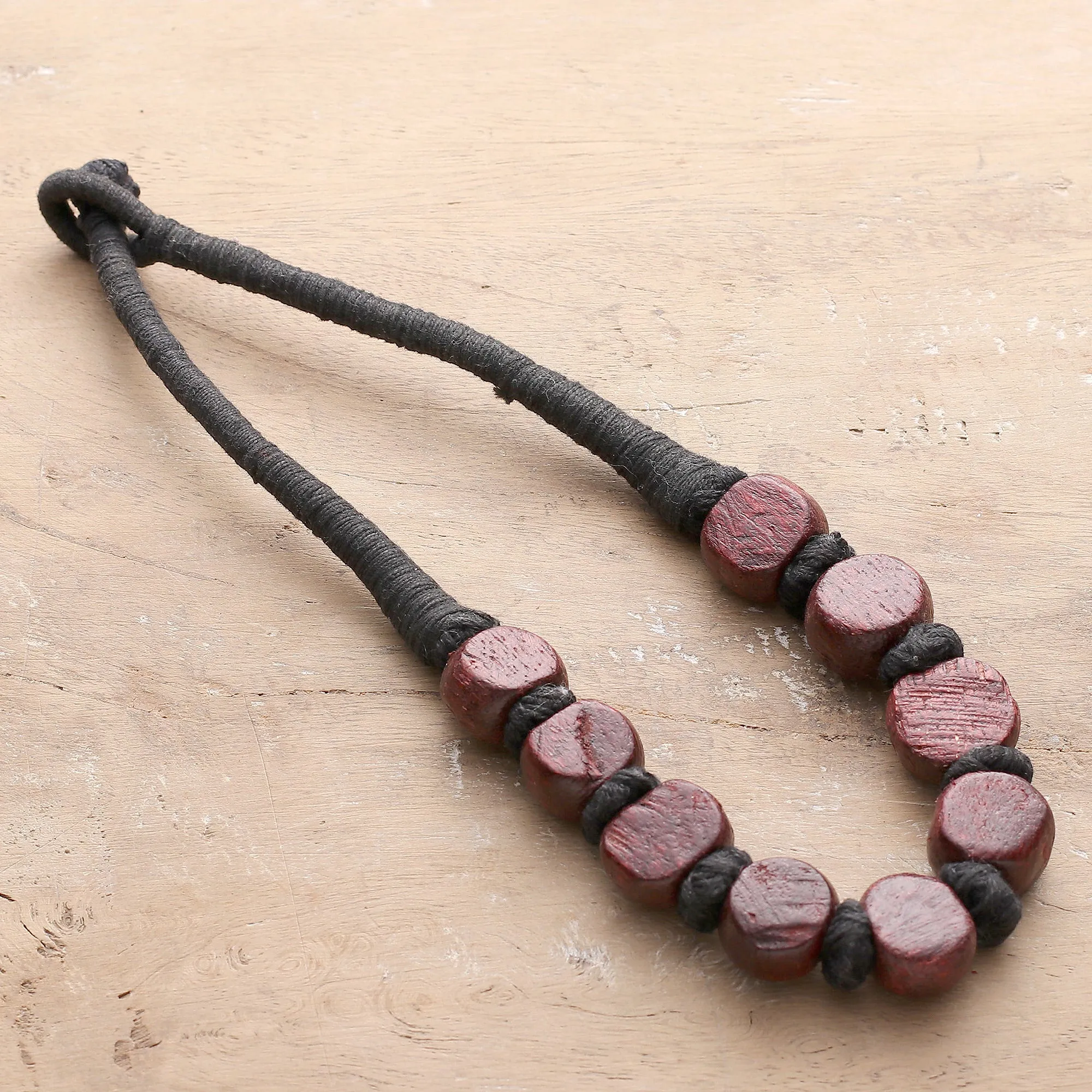 Handcrafted Maroon Haldu Wood Beaded Necklace from India - Maroon Glory | NOVICA