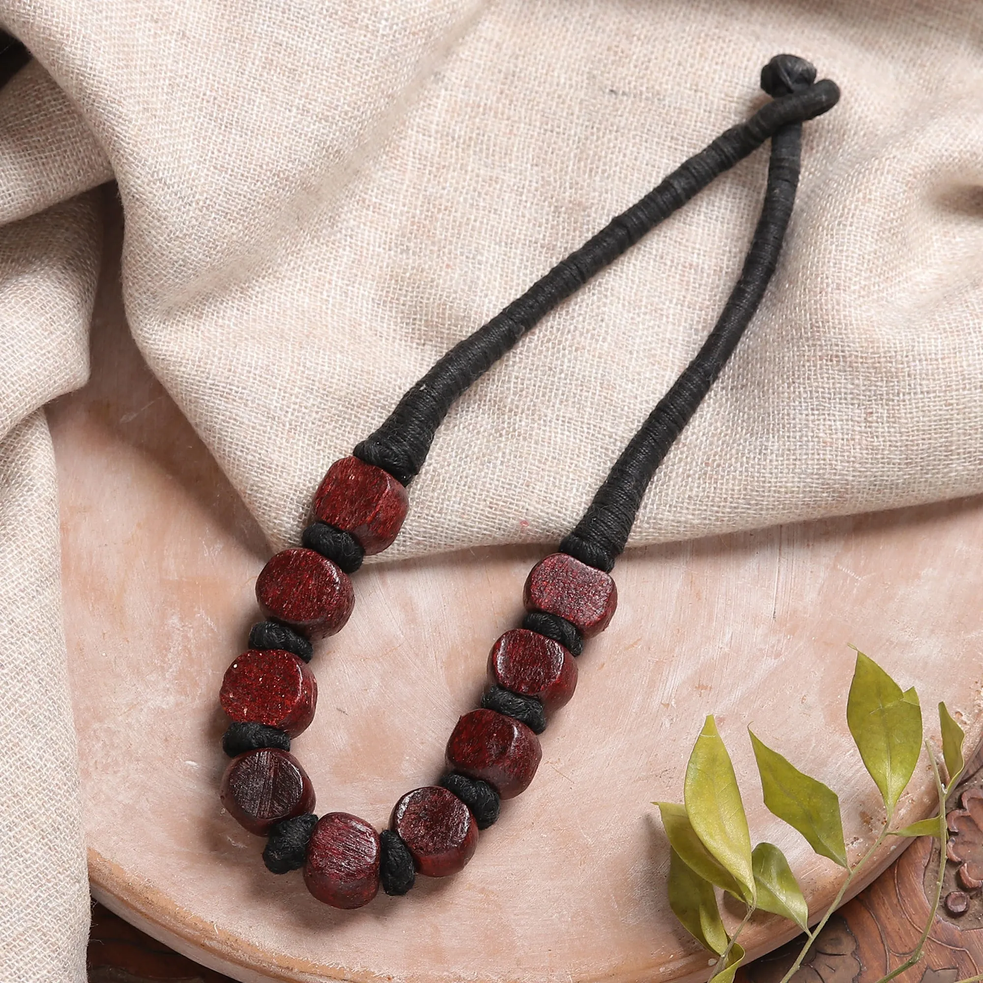 Handcrafted Maroon Haldu Wood Beaded Necklace from India - Maroon Glory | NOVICA