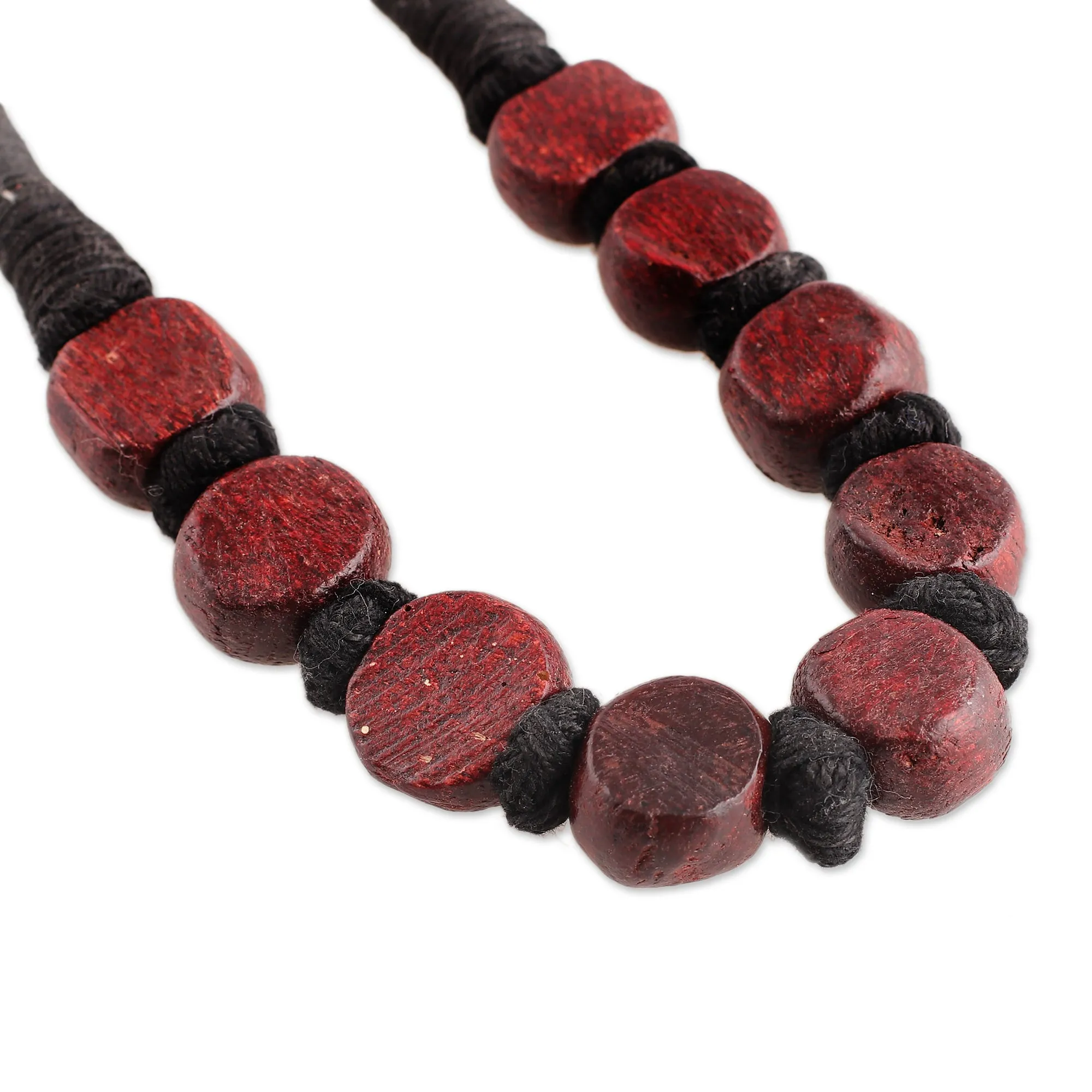 Handcrafted Maroon Haldu Wood Beaded Necklace from India - Maroon Glory | NOVICA