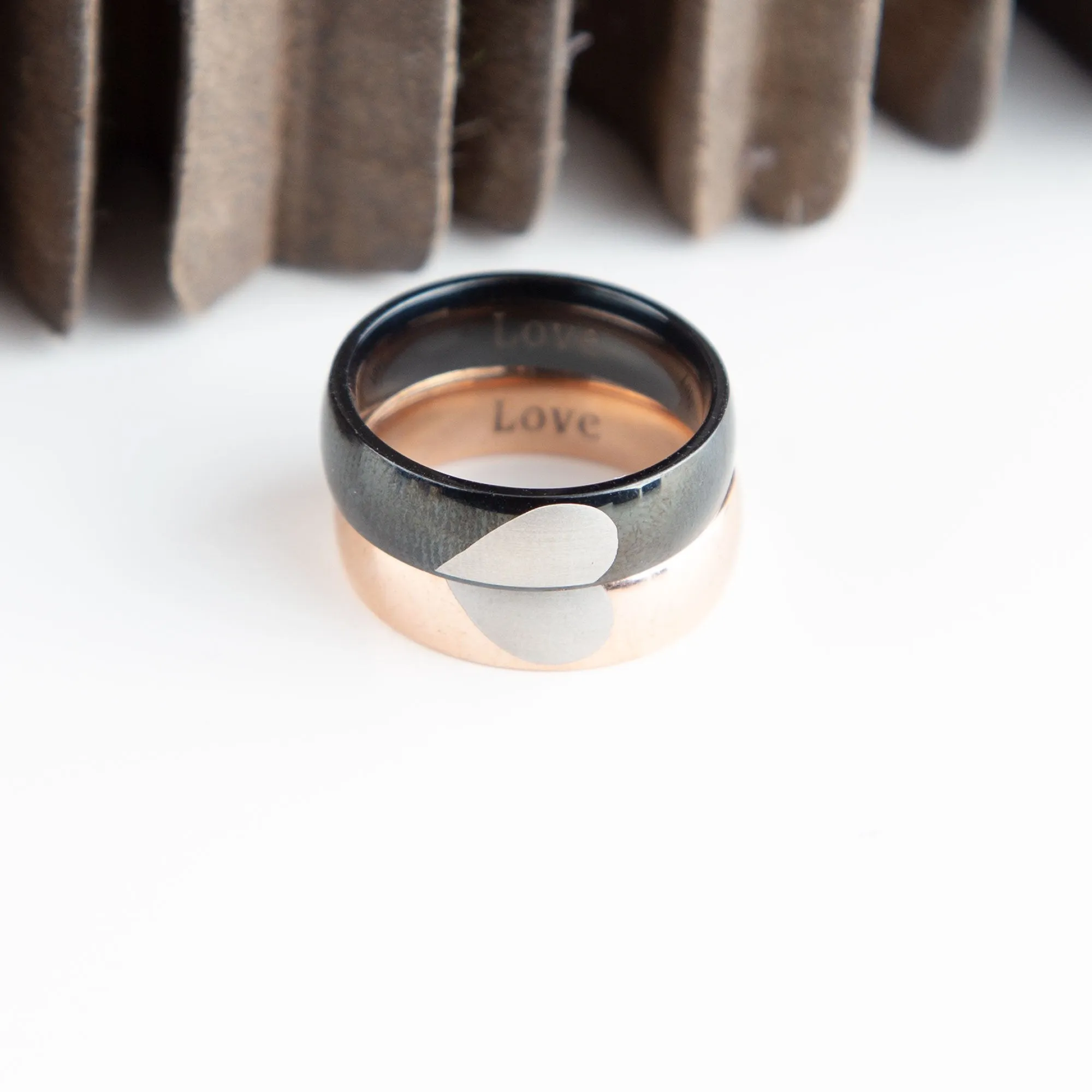 Heart Couple Rings Set, Wedding Ring Set, Rose Gold and Black