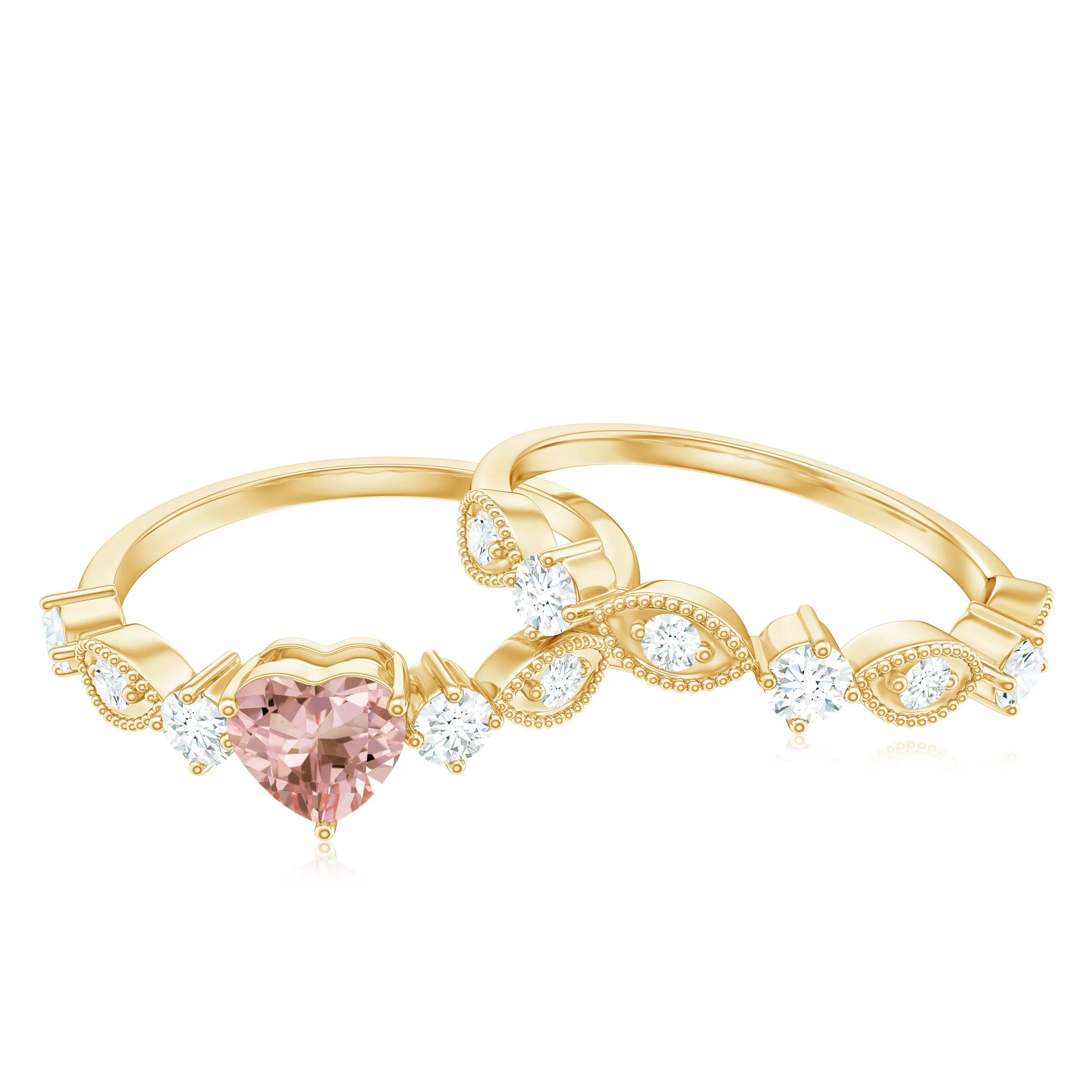 Heart Shape Morganite Stackable Ring Set with Diamond