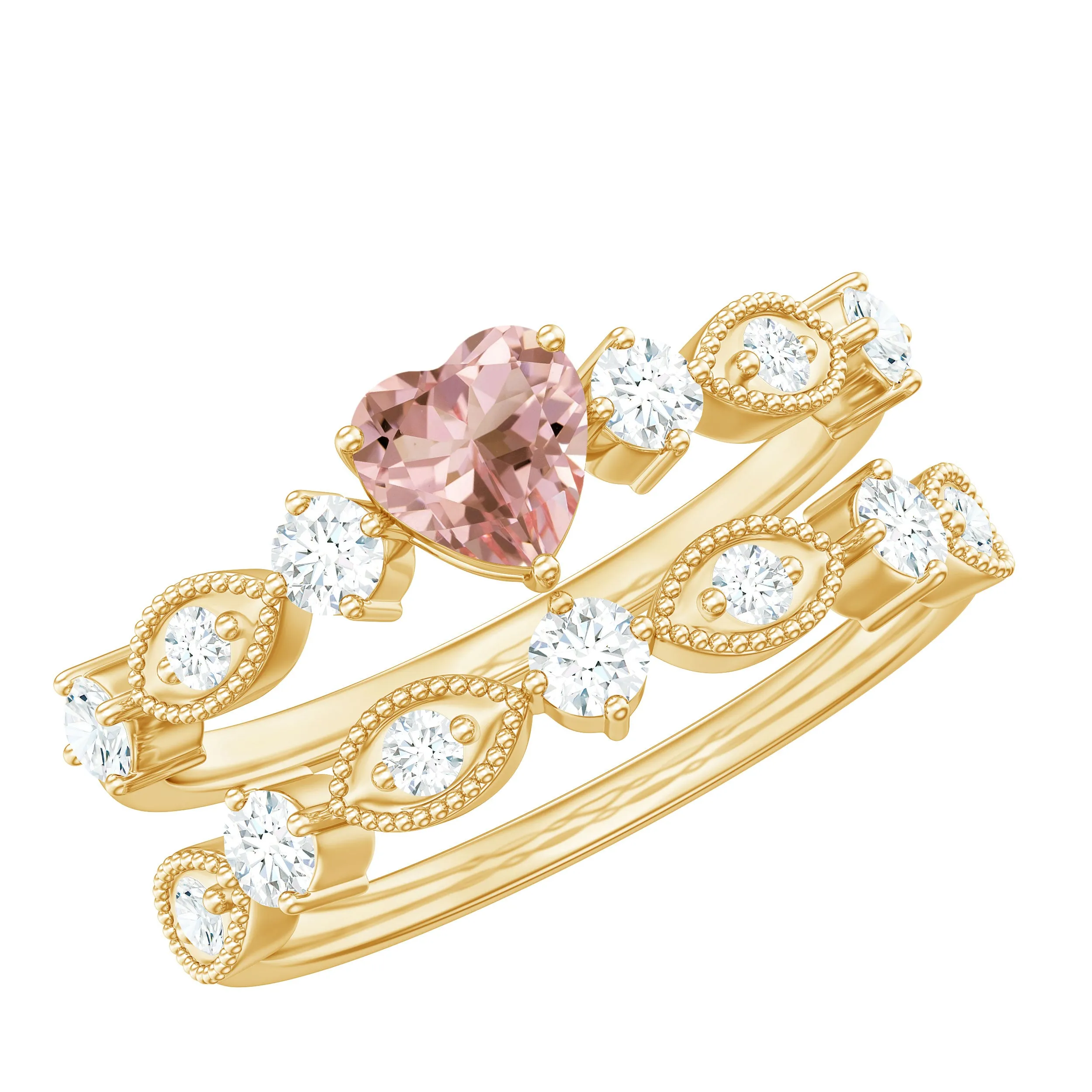 Heart Shape Morganite Stackable Ring Set with Diamond