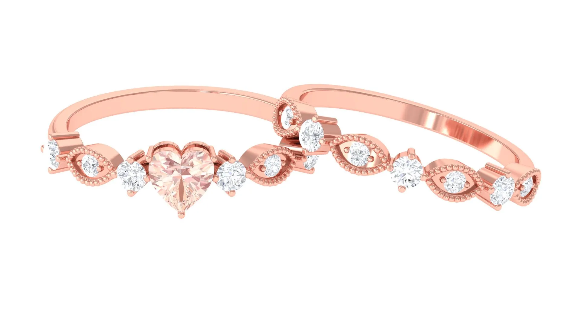 Heart Shape Morganite Stackable Ring Set with Diamond